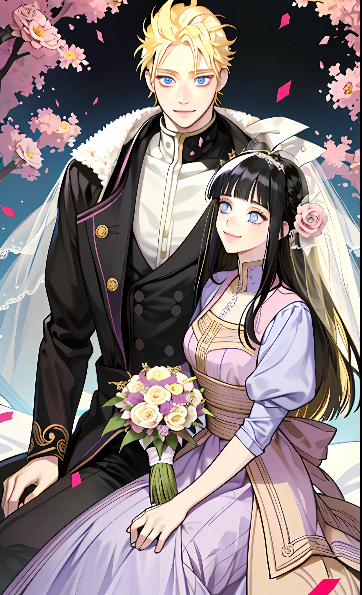 masterpiece, best quality, 2others, couple, 1man with 1woman, Height difference, happy, love, smile, flower-filled landscape, forehead, ((blonde hair man)), (((black hair girl))), ((blunt bangs girl)), purple eyes girl, blue eyes man, ((wedding couple)), naruto uzumaki, hyuga hinata
