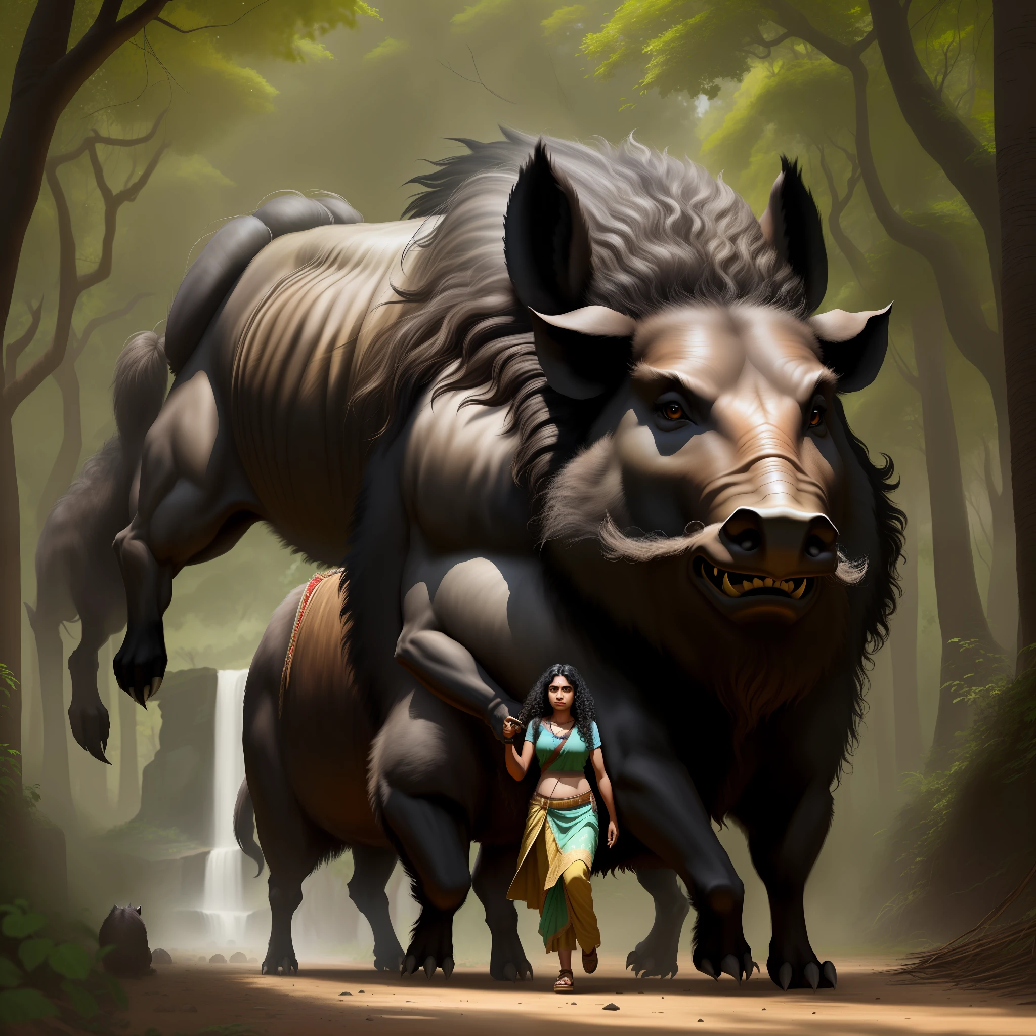 India: Brazilian, slightly curly black hair hunting a giant wild boar