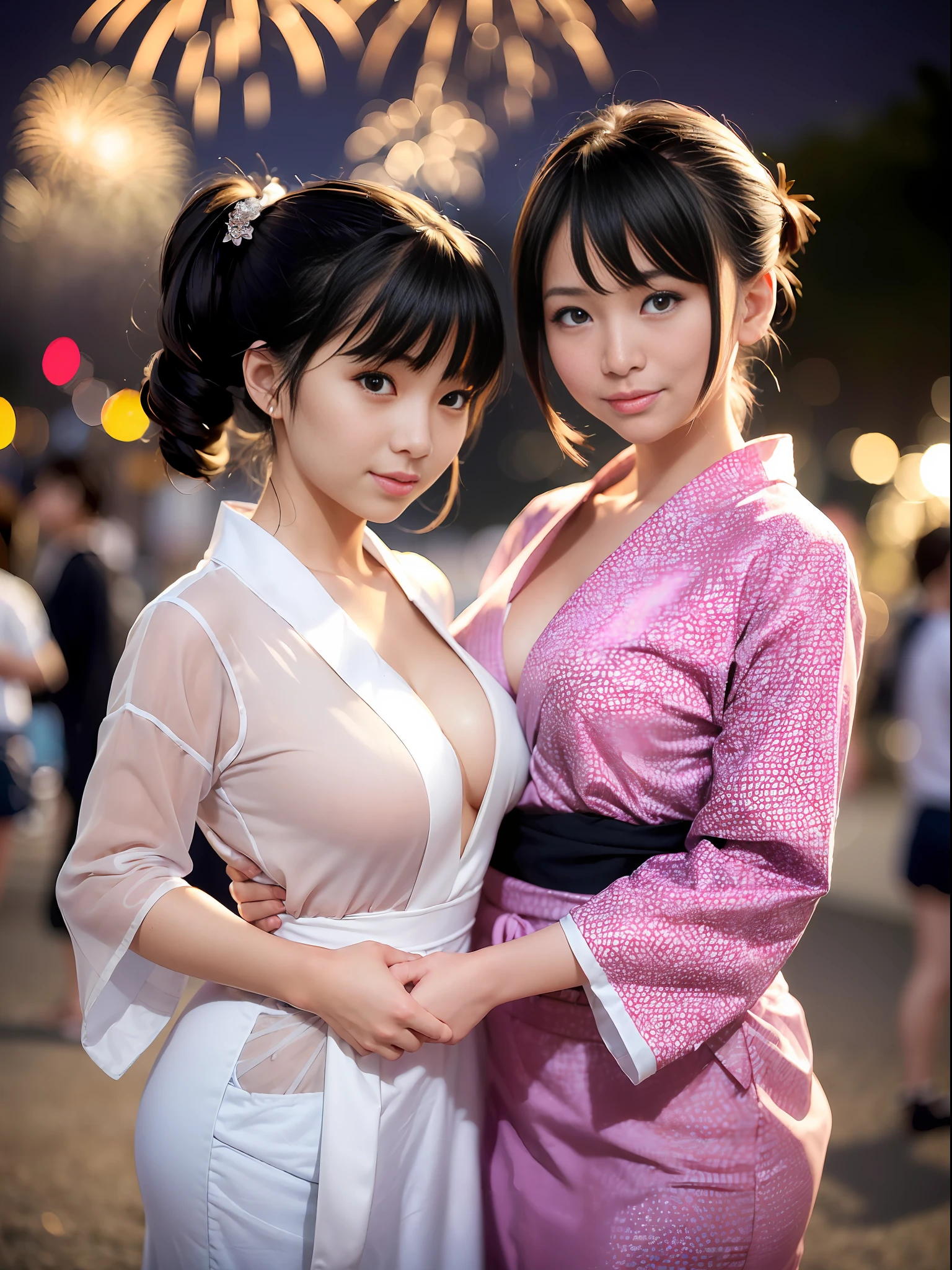 (2 Japan girls in yukata: 1.4), sweaty 4k, smile, whole body, open mouth, (yukata: 1.4), loli Japan posing for two, Japan loli wearing yukata, fireworks display, date for two, mini yukata opened, mini yukata about to be taken off, fireworks display by the lake, sensual pose, ((translucent body, smooth translucent white skin: 1.2)),, op tro potion, Sakimi-chan HDRI, Background Bokeh, Background Gradient, Black-Haired Japan, (Photorealistic: 1.4), (8k, RAW Photo: 1.2), (HDR: 1.2), (Shallow Focus: 1.4), (Sharp Focus: 1.4), ((A Girl Has Her Breasts Grabbed by a Girl:1.4)),(Firework Cascade:1.4)