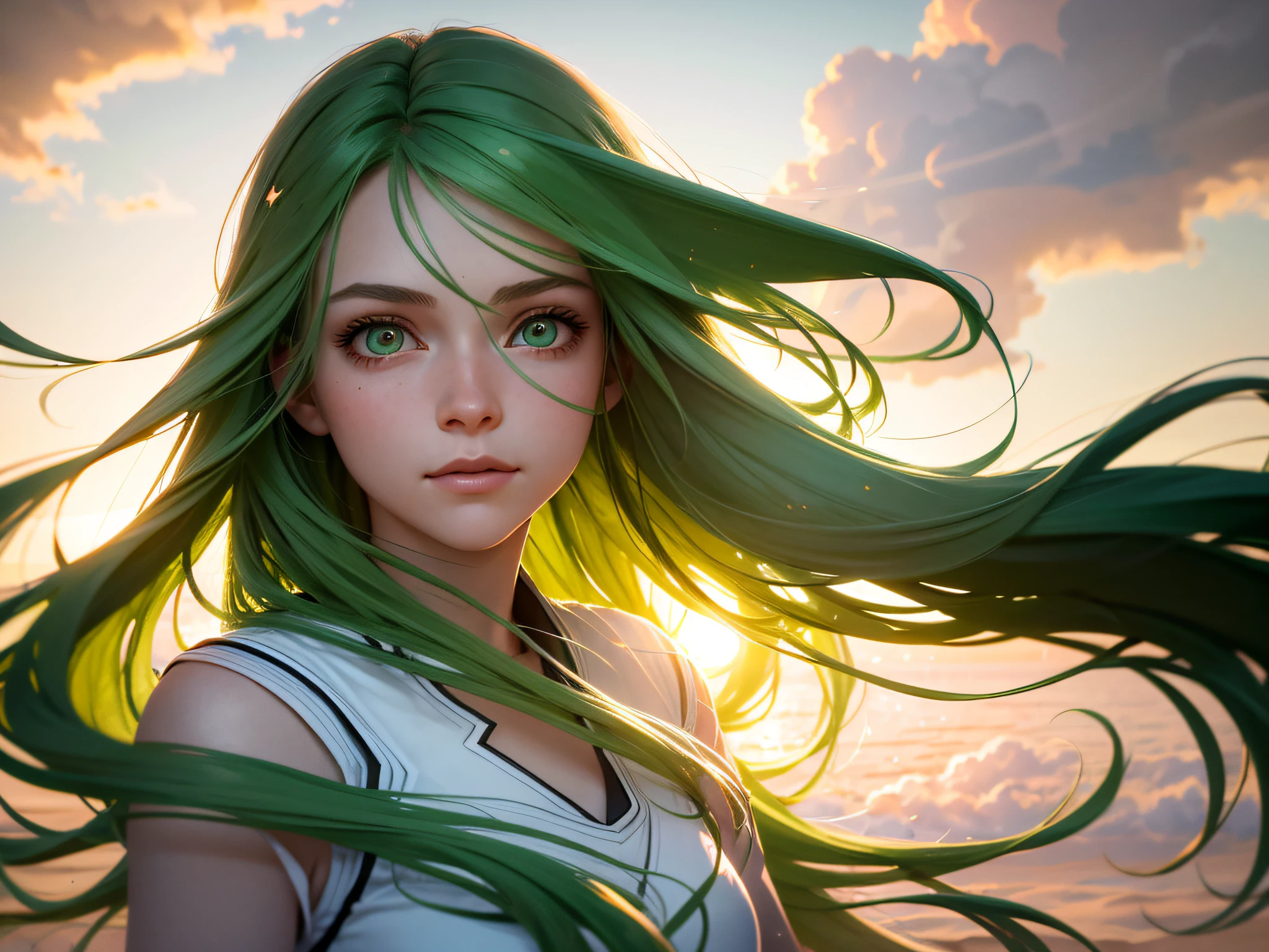 "masterpiece, top quality, ultra-realistic, cinematic scene, 1 girl with long green hair, green eyes girl floating in the clouds, close-up, bright, happy, soft and warm lighting, sunset, (sparks:0.9)"