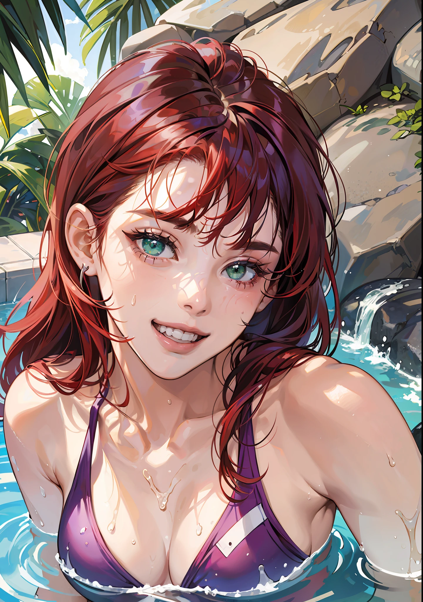 masterpiece, best quality, hi-res,, one girl, solo, green eyes, long hair, red hair,, bangs, eyebrows, purple one-piece swimsuit, poolside, open mouth, smile, wet, --auto --s2
