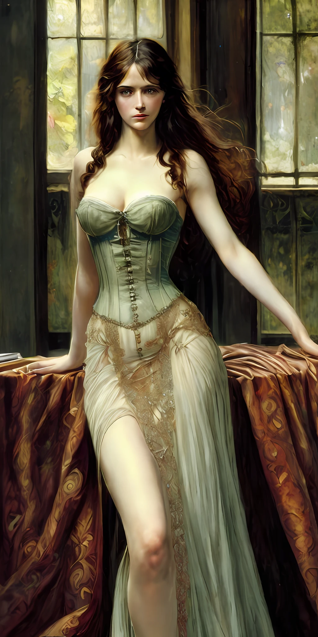 Classical Art Portrait Painting,Beautiful Woman,Most Beautiful, Corset, Long Transparent Dress Sensual, Sexy, Erotic, Daring, Full Body, Lush Body (Academic Art), by John William Waterhouse