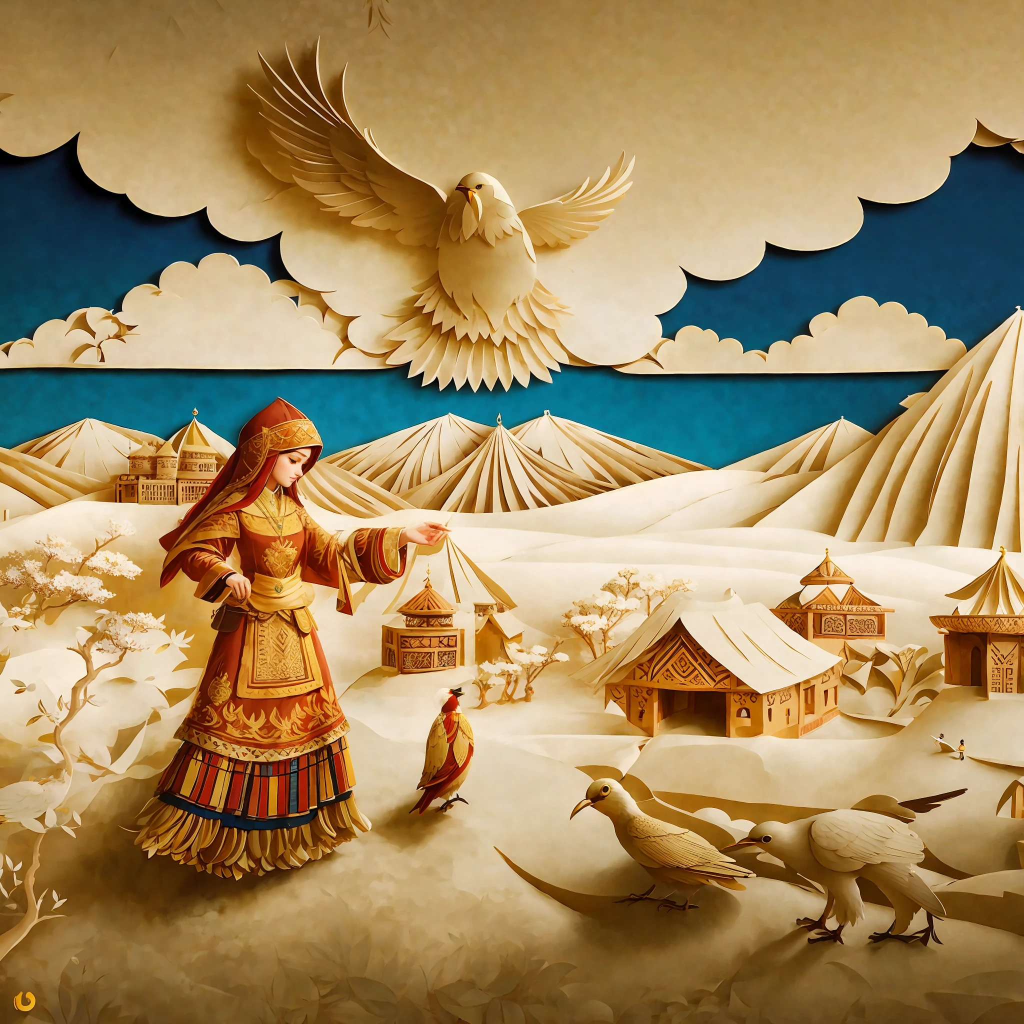 arafed paper art of a woman with a bird and a village, paper art, sergey zabelin, persian folktale artstyle, by Tibor Rényi, maxim sukharev, by andrey ryabovichev, intricate 3 d illustration, 4k highly detailed digital art, masterful intricate artwork, by Radi Nedelchev