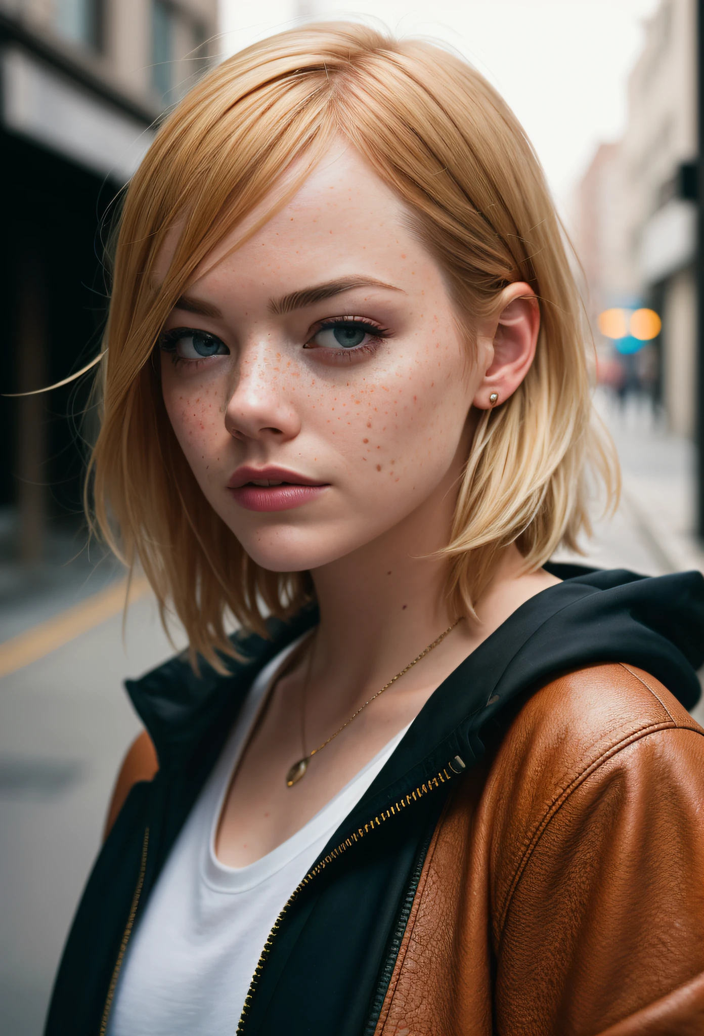 emma stone, women, hood, portrait, asymmetrical bangs, bandaid, short hair, bangs, breasts, freckles, hazelnut eyes, small breasts, looking at the viewer, nose piercing, blonde hair, solo, upper body, detailed background, city, alley, photorealistic, photorealistic, photo-masterpiece, realistic, realism, photorealism, high contrast, photorealistic digital art trend in Artstation 8k HD high definition detailed realistic, detailed, skin texture, skin texture hyper detailed, realistic, armor, best quality, ultra high res, (photorealistic: 1.4),, high resolution, detailed, raw photo, sharp re, by lee jeffries nikon d850 film stock photography 4 kodak portra 400 camera f1.6 lens rich colors hyper realistic texture dramatic texture irrealengine trend in artstation cinestill 800,