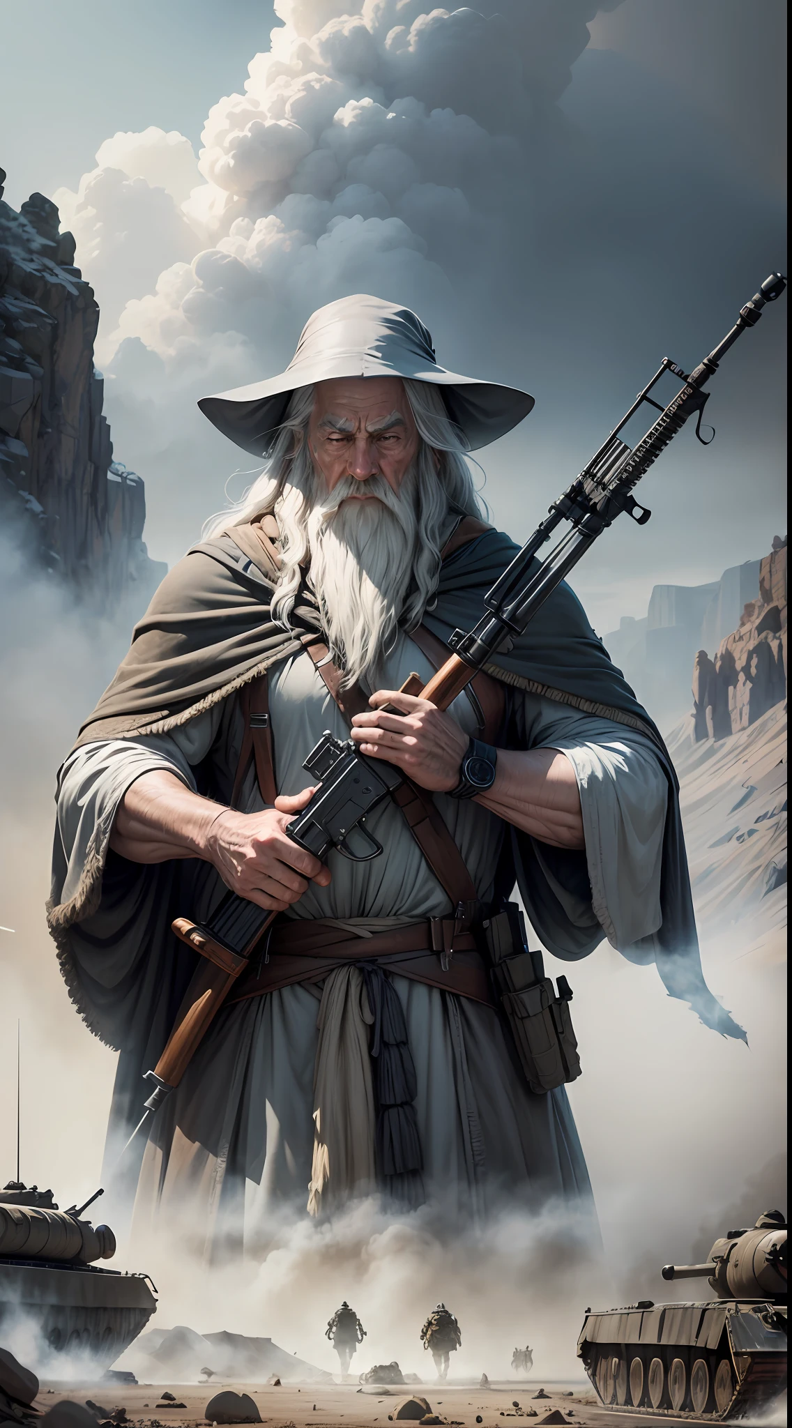 War movie poster, Gandalf the grey in complete robes and wizard hat, holding big sniper riffle, modern warfare in the background, (tank,soldier,explosion)  (Masterpiece),(best quality),(high intricate detailed), absurds,artstation , 8k, unity, CG,