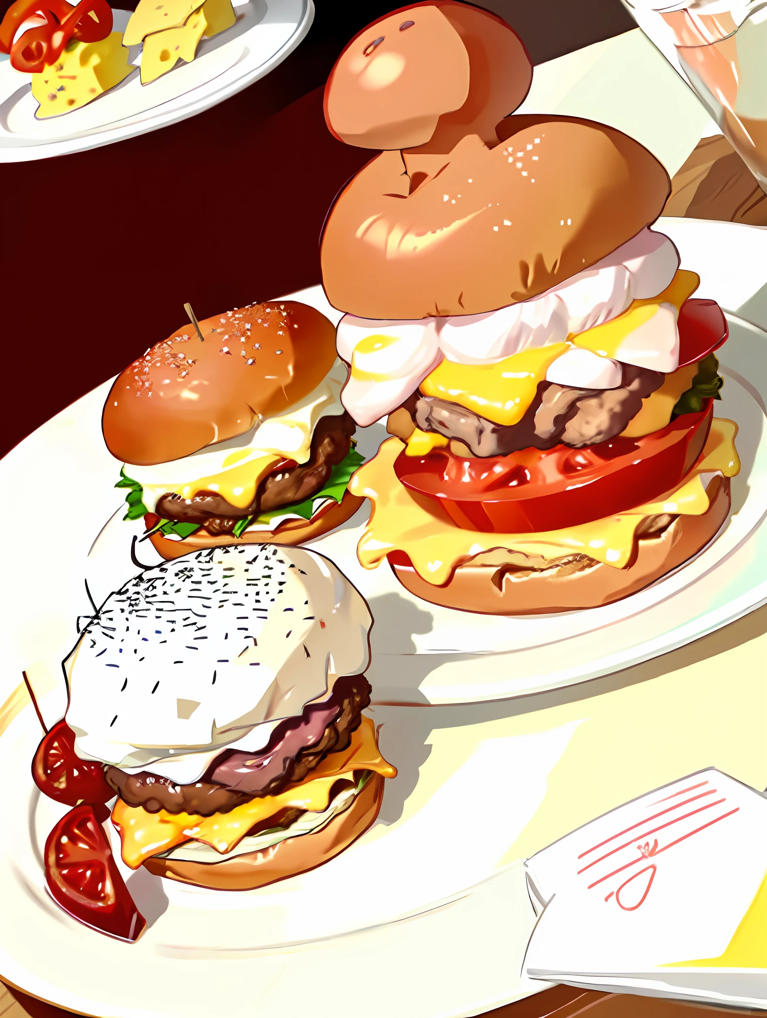 Burger with cheese on the plate in the background with tomatoes