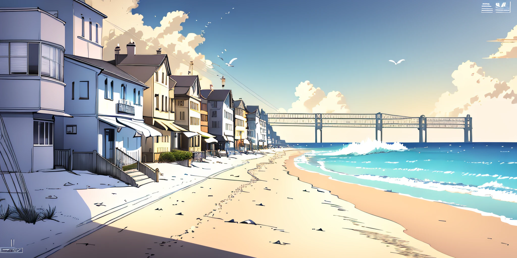 Seaside town, quiet and warm, waves crashing on the shore, soft sun, golden sand, anime. Scene arrangement: the waves are clear, sparkling, bright sunshine, gray and white kites hanging in the sky, white houses are lined up on both sides of the street, depicting a cozy town embraced by the sun and sea breeze, nature, warmth, relaxation.