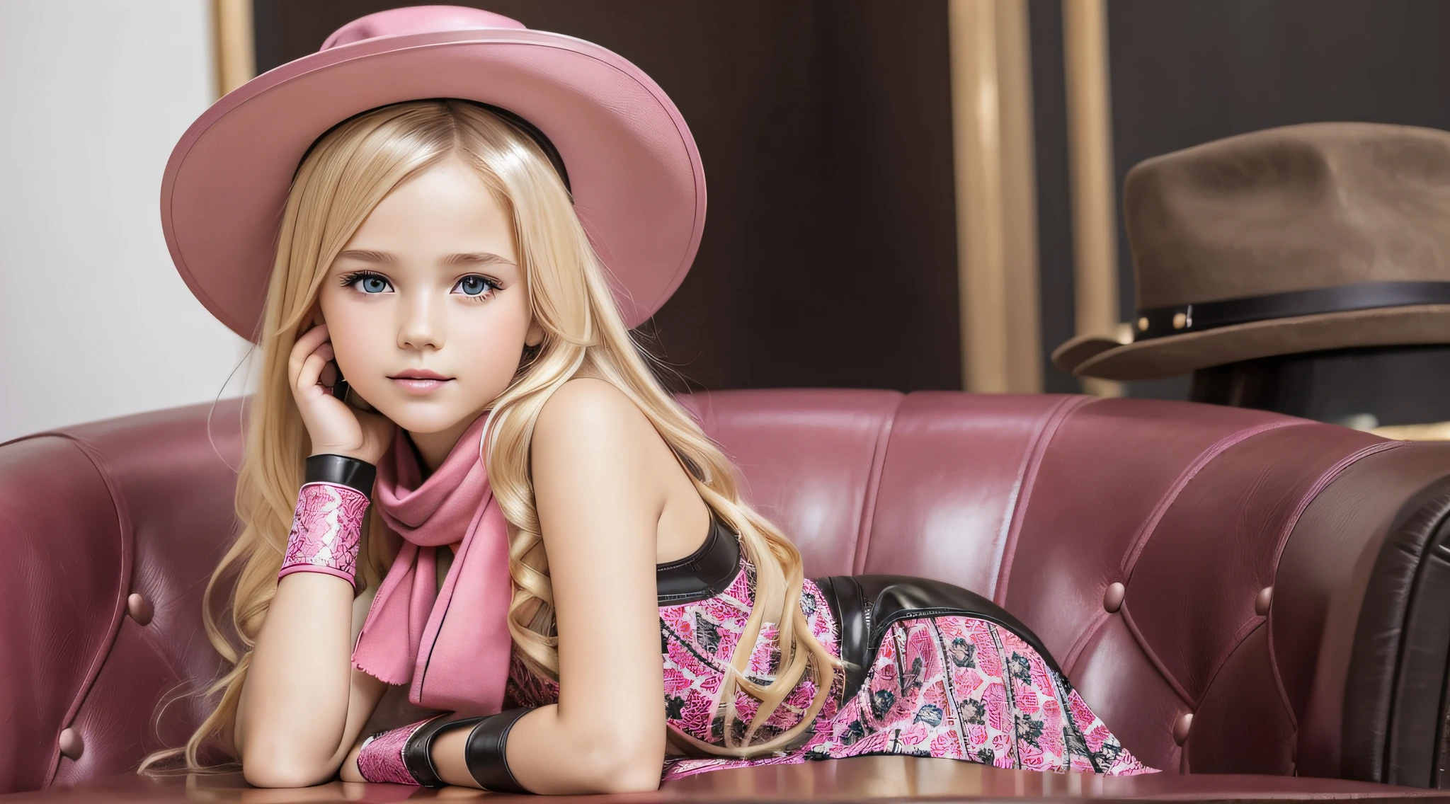 BLONDE CHILD girl,wearing a pink hat and scarf sitting on a black leather chair, photo from a promotional session, promotional photoshoot, young girl, beautiful young model, pink cowboy hat, young ager, photo shoot, photoshoot, inspired by Toros Roslin, red dress and hat, modeling essay, young and beautiful girl, studio portrait photography, photoshoot solo --auto --s2