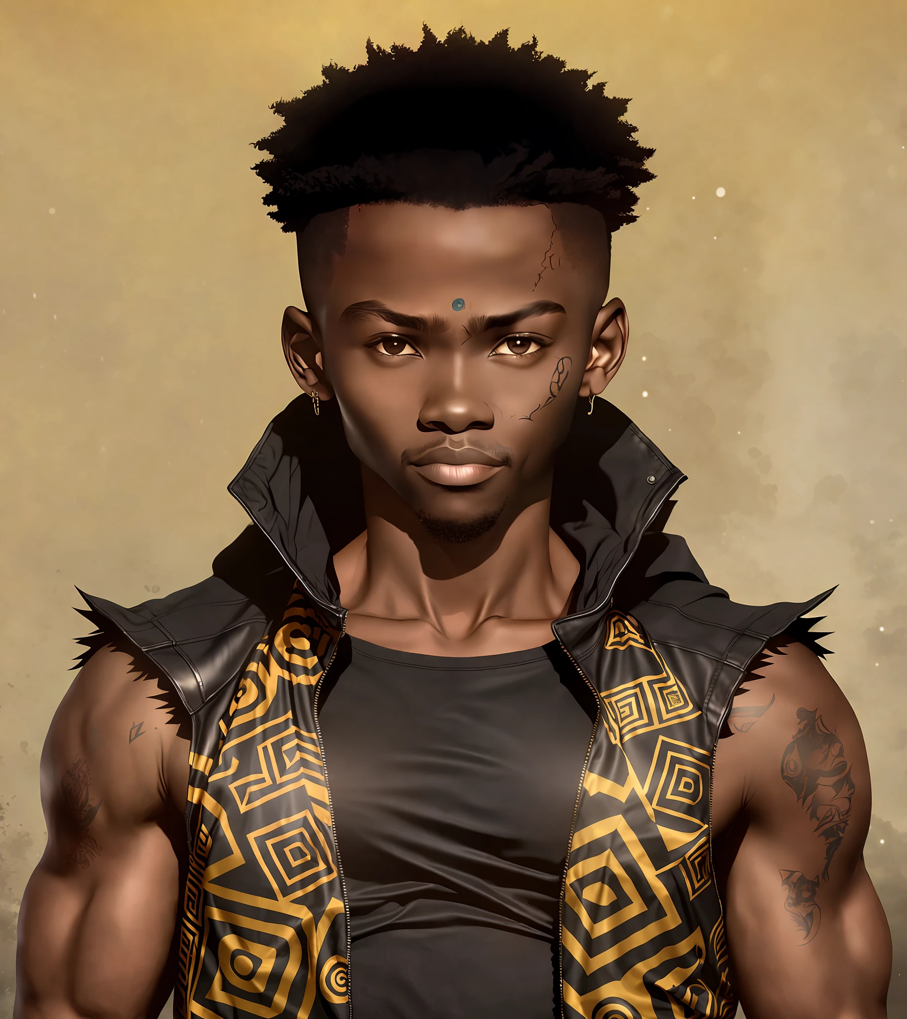 There is a black man with a black hair and a black vest, (expand image to full body) detailed character, black teenager, anime afrofuturism, wakanda, highly detailed character, spiky black hair and dark skin