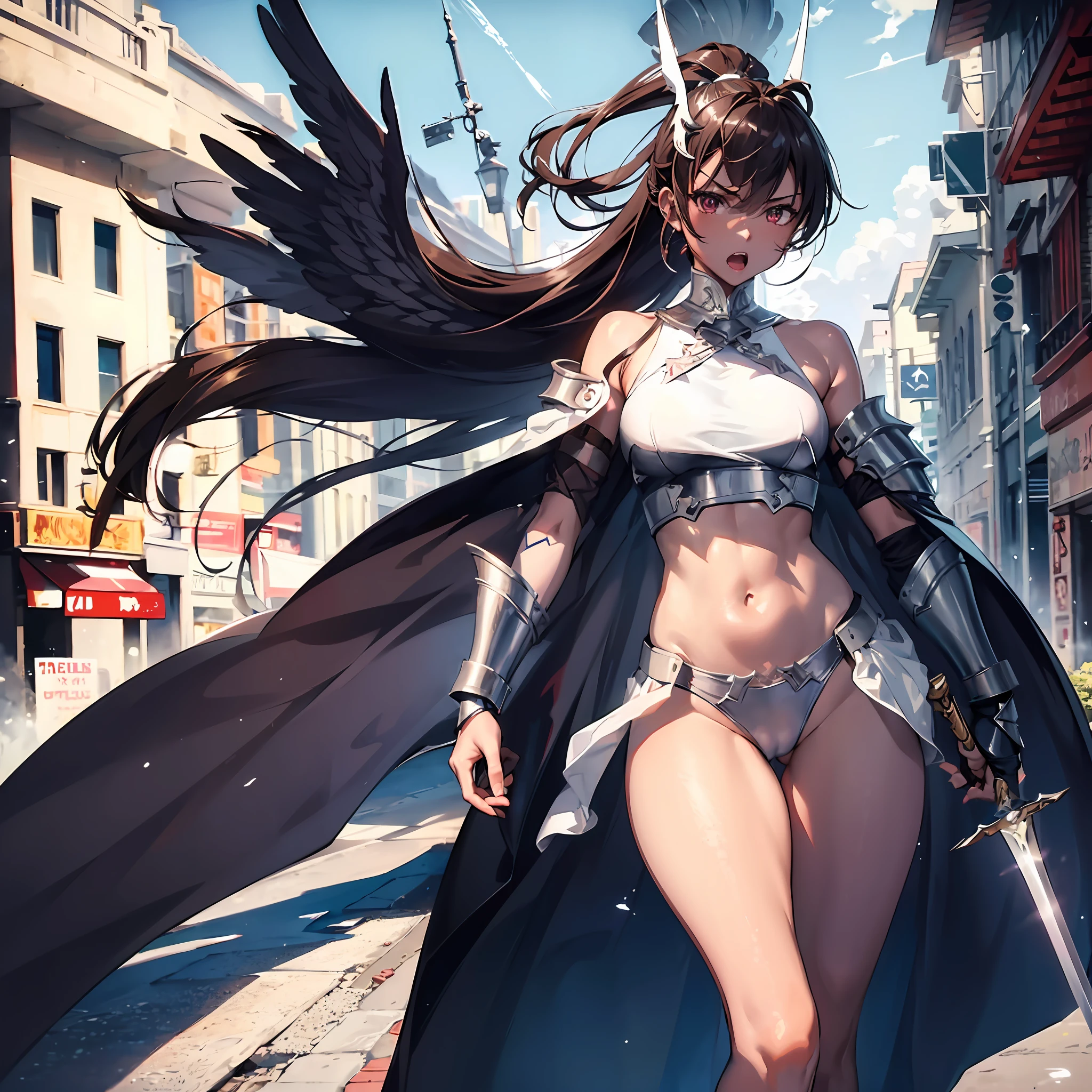 fantasy, 1angel_girl, brown_hair, ponytail_hair, (dark_skin)+, bare_shoulder, navel, thigh,silver_shiny_armor, white_clothes,waist_armor, glebe, hold_swords, big_, angry, dynamic_fighting_pose, floating, (1pair_white_wings), sunrise_city_background,(pelvic_curtain)++, open_mouth, headgear, large_ass,public_indecency,