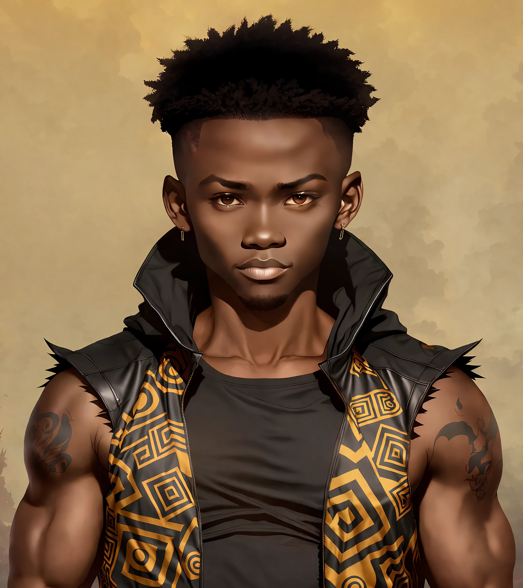 There is a black man with a black hair and a black vest, (expand image to full body) detailed character, black teenager, anime afrofuturism, wakanda, highly detailed character, spiky black hair and dark skin