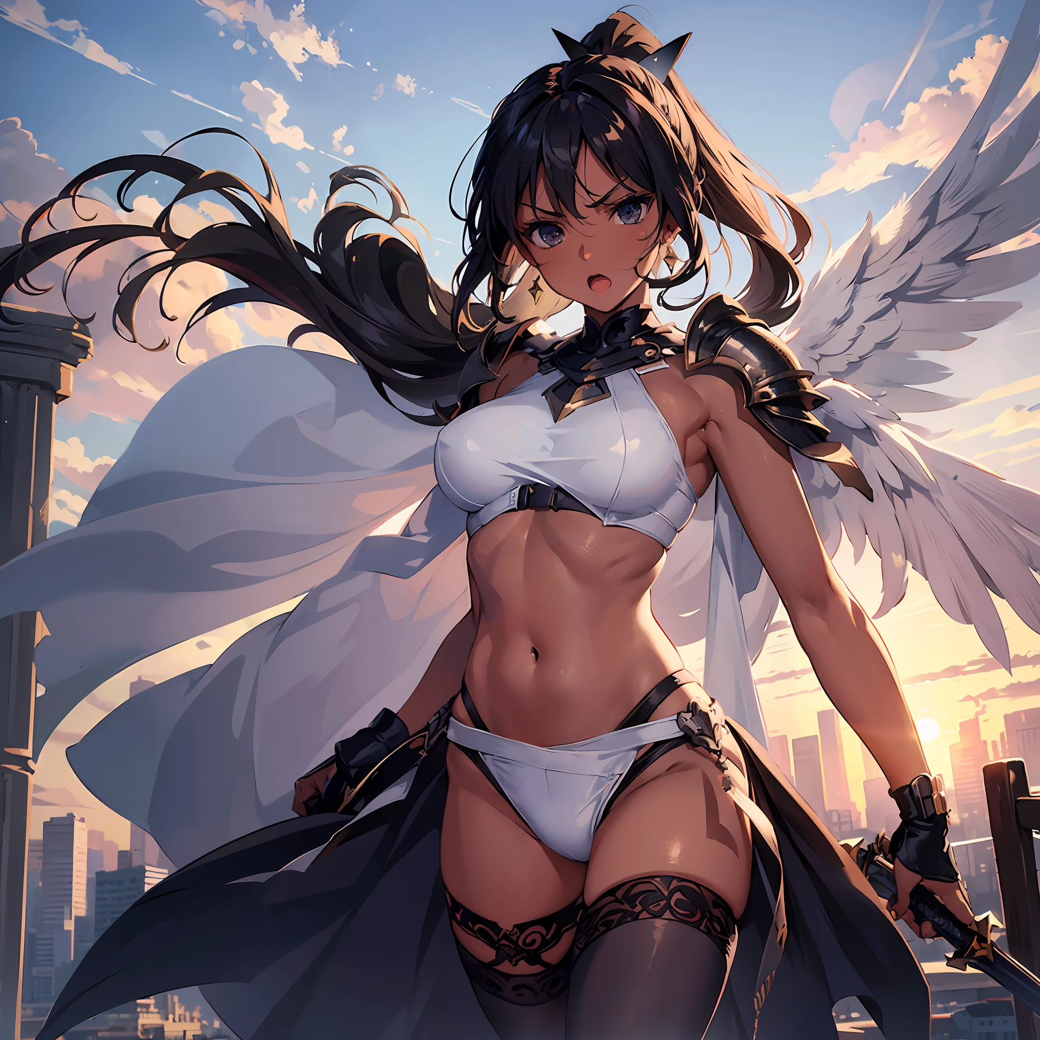 fantasy, 1angel_girl, brown_hair, ponytail_hair, (dark_skin)+, bare_shoulder, navel, thigh,silver_shiny_armor, white_clothes,waist_armor, glebe, hold_swords, big_, angry, dynamic_fighting_pose, floating, (1pair_white_wings), sunrise_city_background,(pelvic_curtain)++, open_mouth, headgear, large_ass, public_indecency,