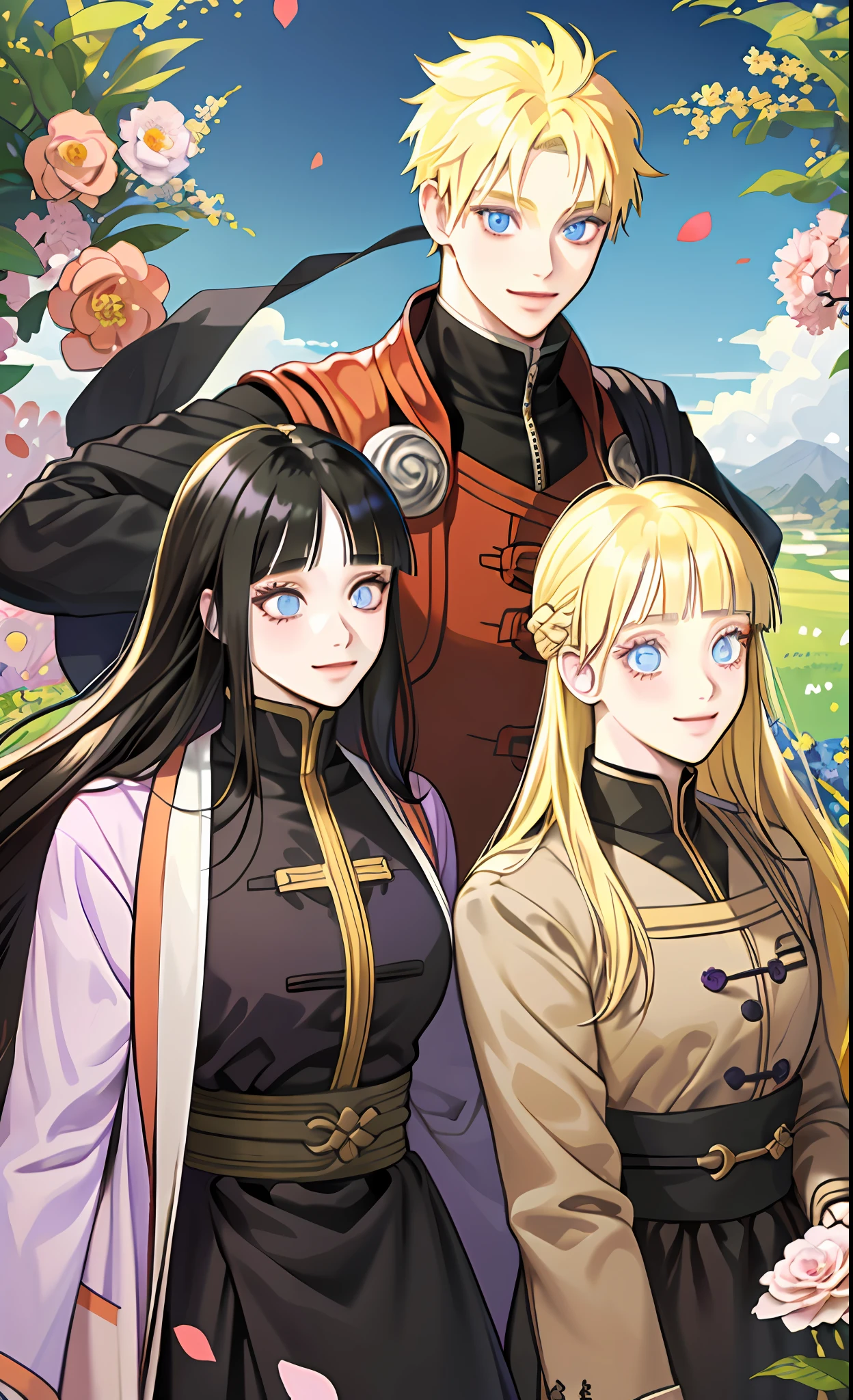 masterpiece, best quality, 2others, couple, 1man with 1woman, Height difference, happy, love, smile, flower-filled landscape, forehead, ((blonde hair man)), (((black hair girl))), ((blunt bangs girl)), purple eyes girl, blue eyes man, naruto uzumaki, hyuga hinata