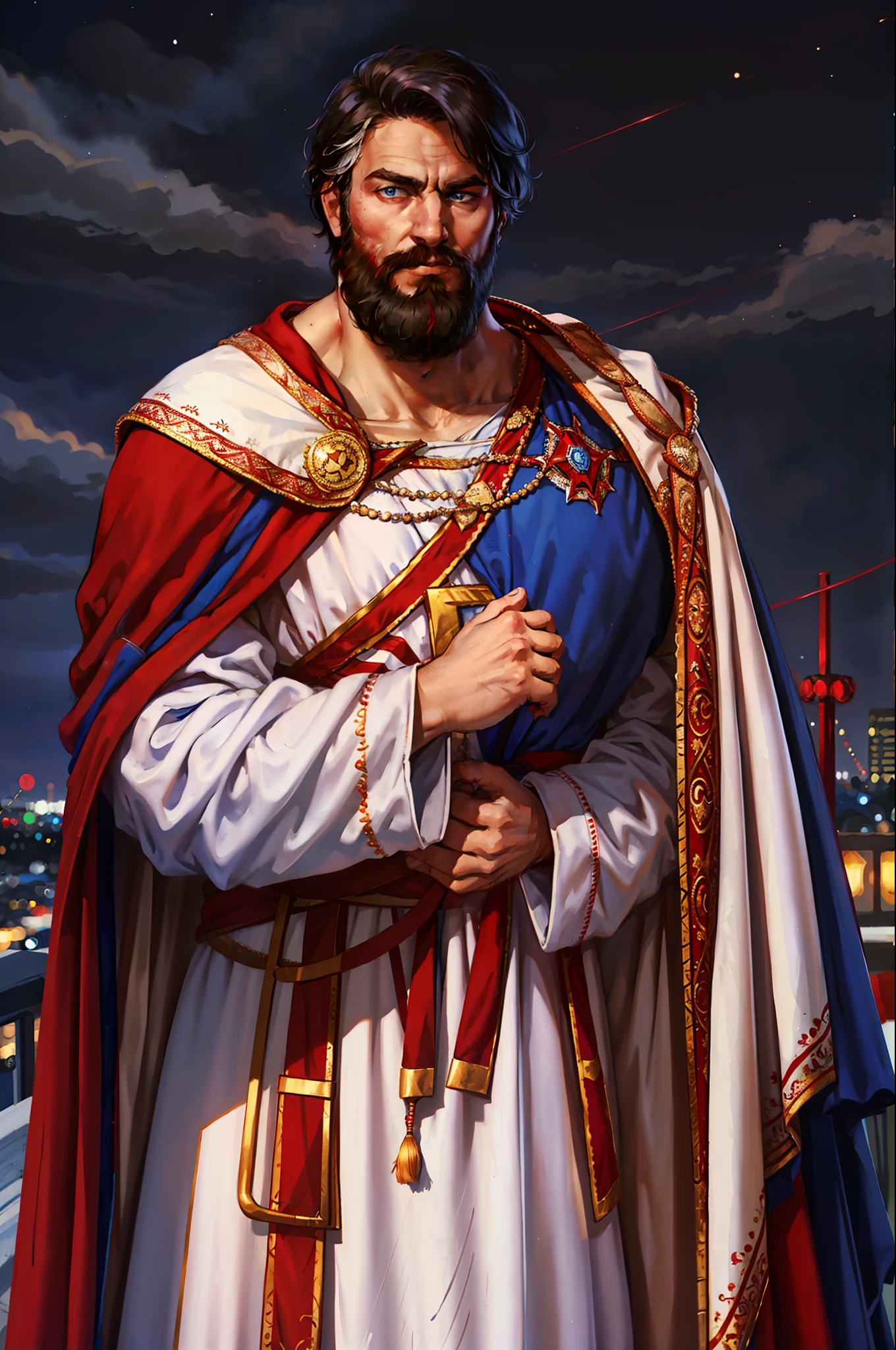 1boy, athletic man wearing white robe and robe, black hair, multicolored beard, blue eyes, red cape, arms crossed, night, realistic