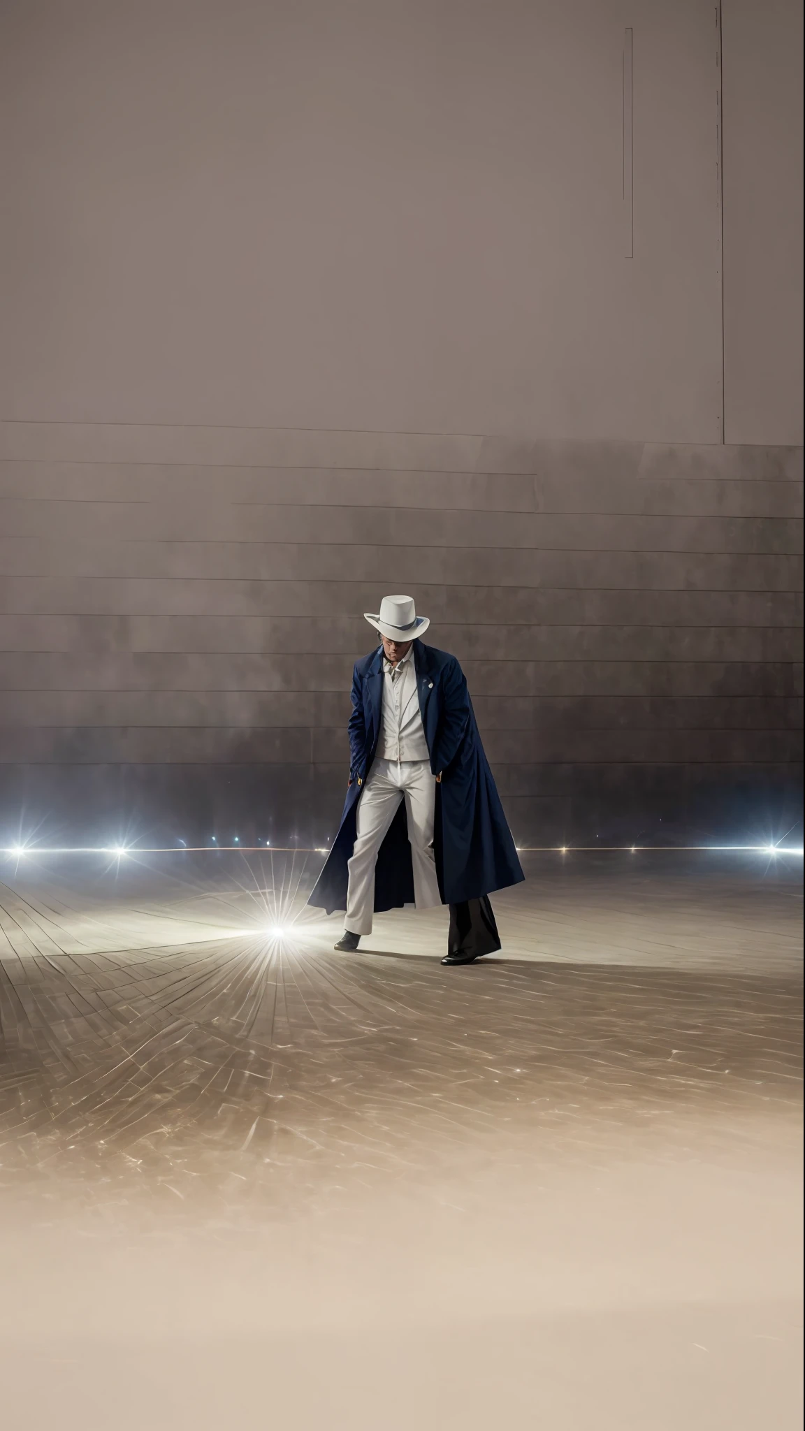 (Michael Jackson wearing a white suit, soft and elegant, Smooth Criminal) + (Stage background with lasers and stage lights) + (Highly detailed professional photo) + (8k show)