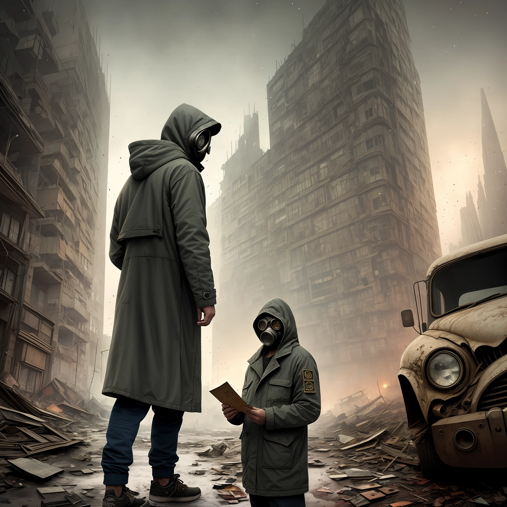 Man with hooded coat, sneakers, gas mask reading the book at the end of the world, (HDR:1.1), (soft colors:1.3),(broken rusty car:0.8), (shards of glass:0.3), (books on earth:0.3), car wreckage, correct scale, apocalypse, abandoned, neutral colors, night, refractions of screen space, (intricate details), (intricate details, hyperdetailed: 1.2), art station, cinematic plan, vignette, complex background, buildings, snowy
