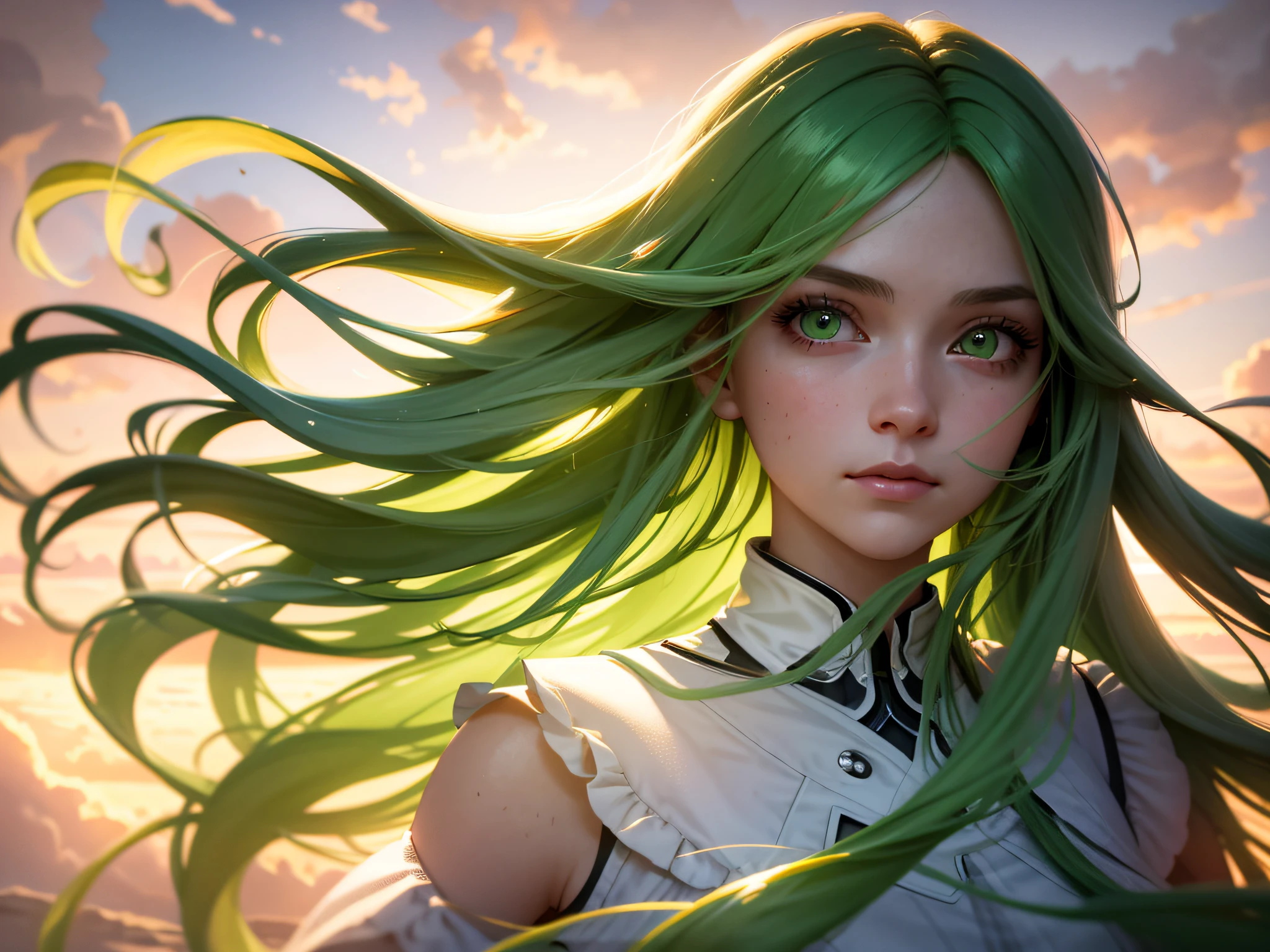 "masterpiece, top quality, ultra-realistic, cinematic scene, 1 girl with long green hair, green eyes girl floating in the clouds, close-up, bright, happy, soft and warm lighting, sunset, (sparks:0.21)"
