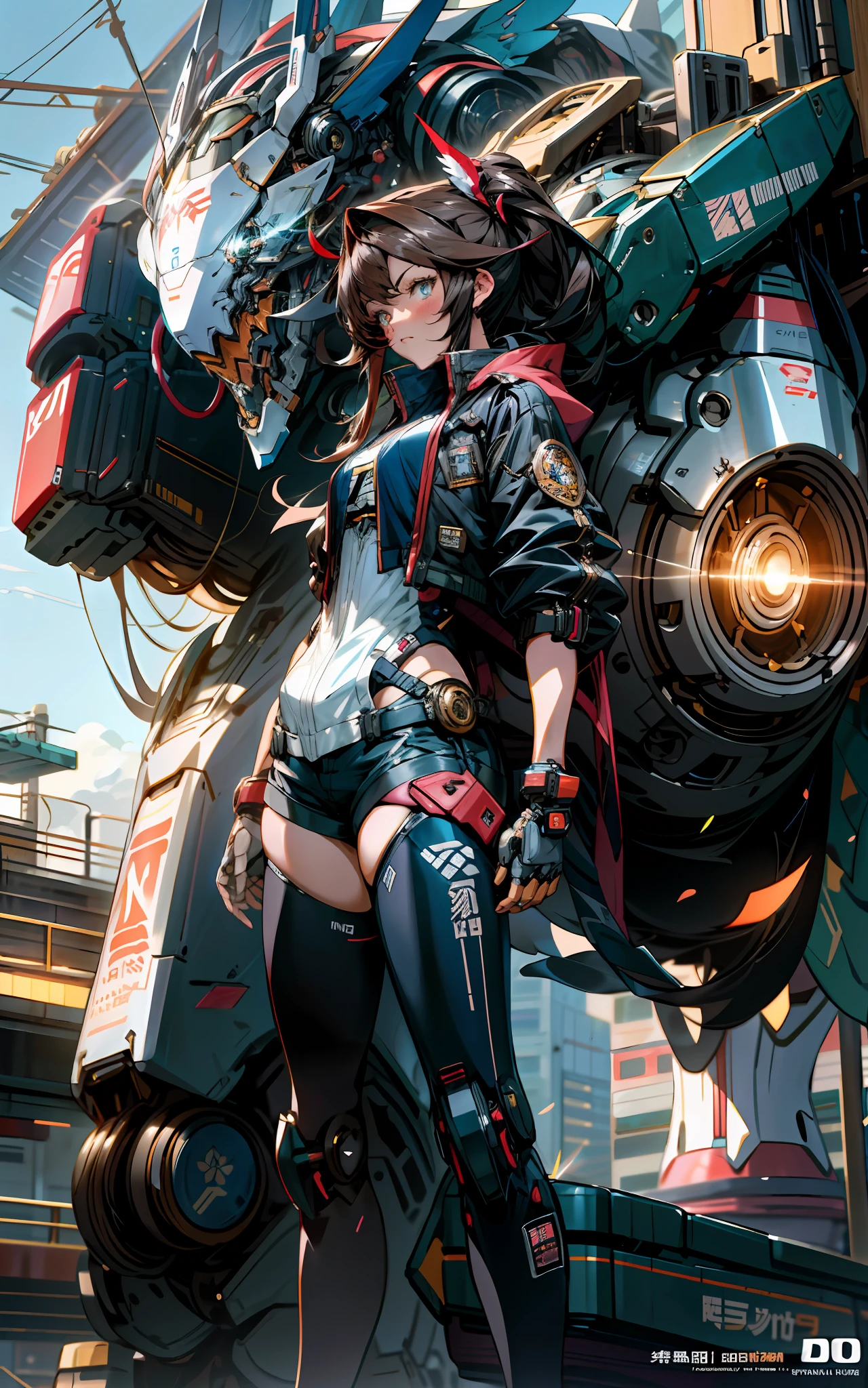 anime character with jacket standing in front of a futuristic mecha robot  cyberpunk anime girl, girl in jacket and short shorts, female mecha, best anime 4k konachan wallpaper, by Krenz Cushart, cushart krenz key art feminine, inspired by Krenz Cushart, modern mecha anime