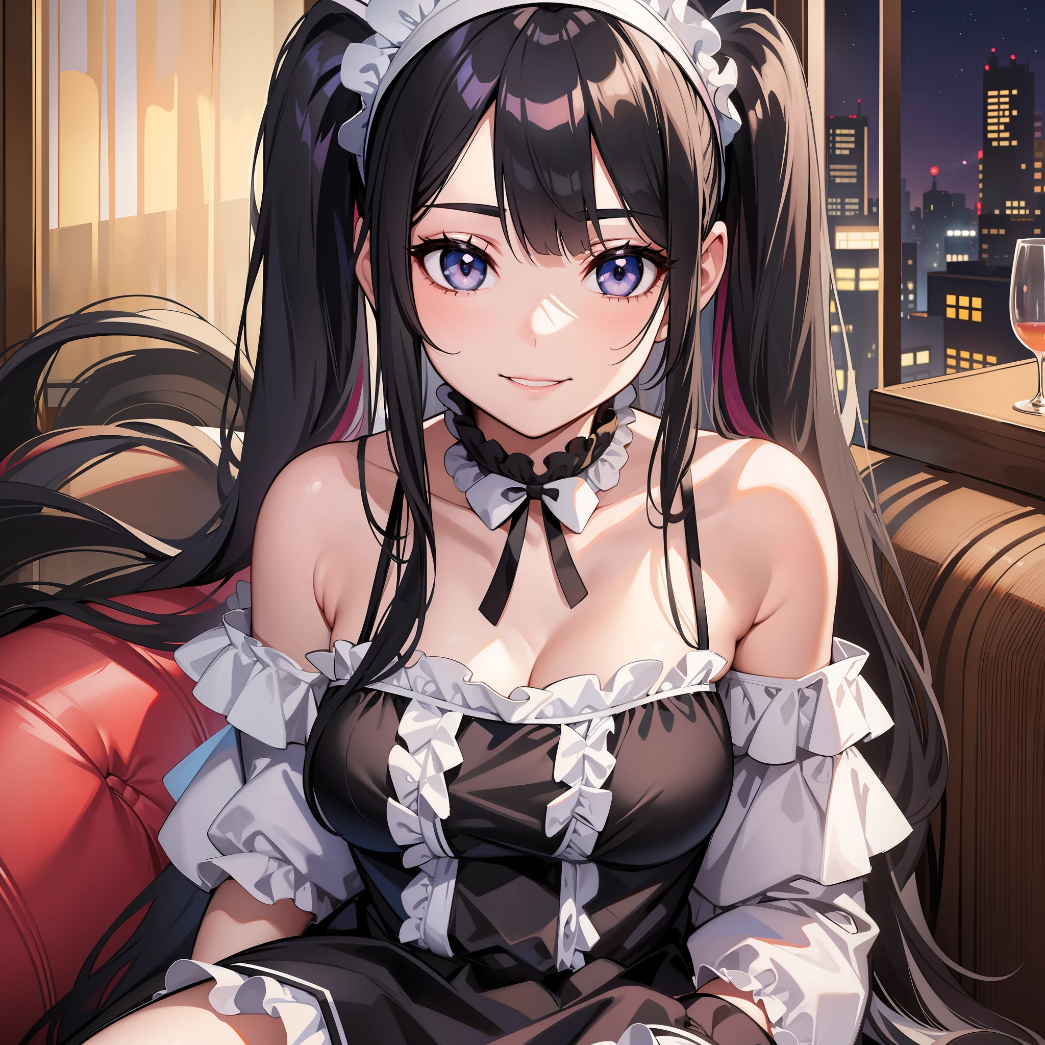 Adult female, wear maid dress off shoulder, stocking, perfect face, beautiful eyes, black long Hair in two pigtails and ponies, Sitting spoiled near the oasis dessert, smile, Night, Wearing a headband, black eyes, variation angle