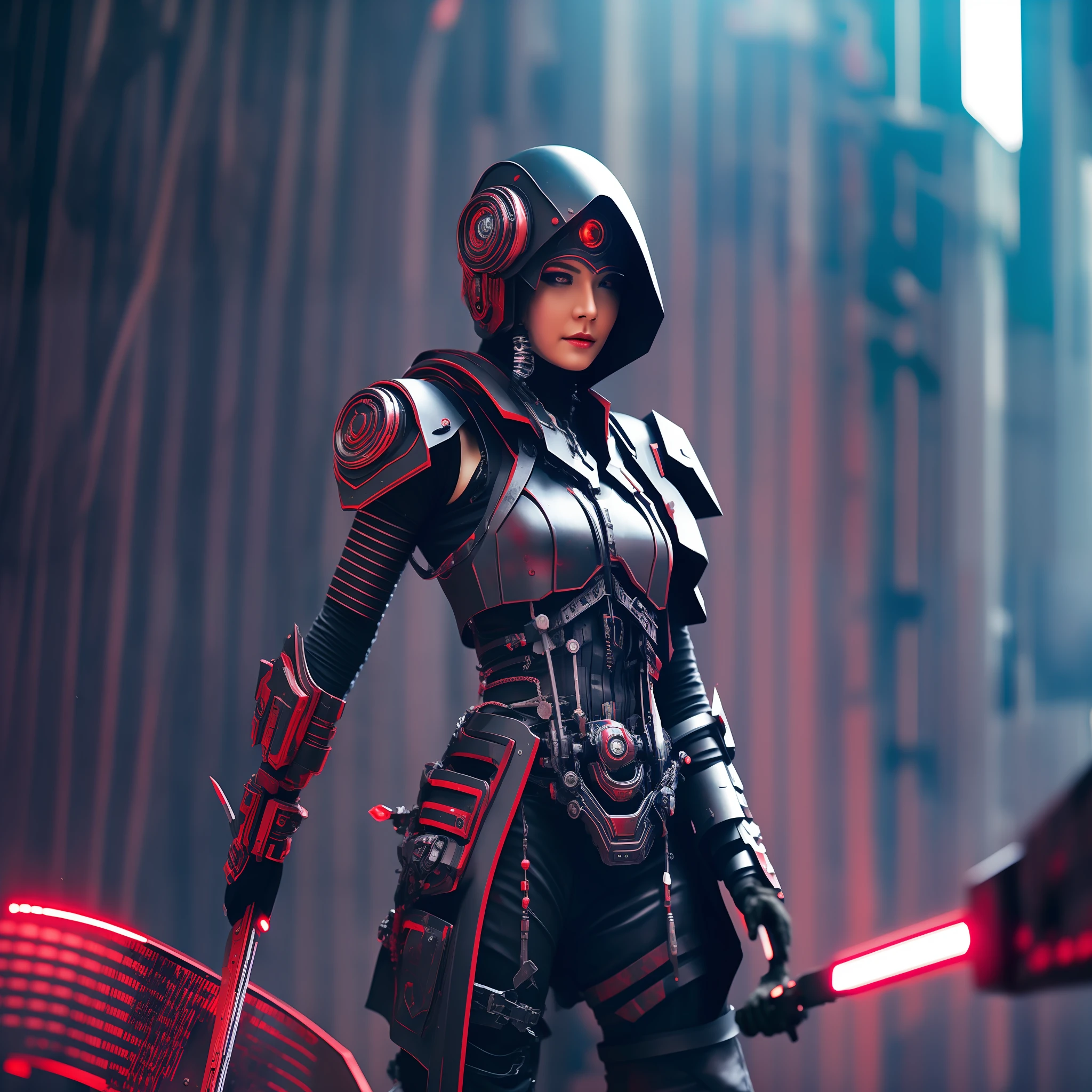 Cybernetic warrior, armed with blood scythe, cyber punk city, 4K