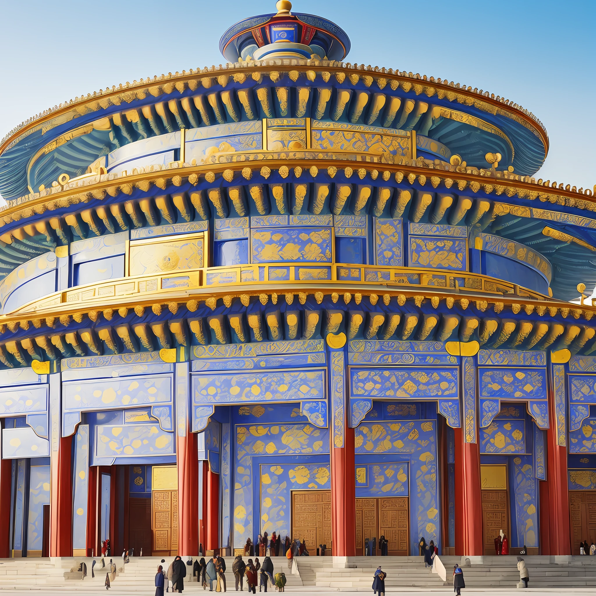 ((Hall of Prayer for the New Year)), extremely fine ((Temple of Heaven)), ancient structure intricately carved in marble, ((Emperor Sacrifice to Heaven)), ((Great Structure)), magnificent shape, fine top and bottom wide, exquisite workmanship. The interior displays precious artifacts used by the emperor, depicting imperial power and glory. --auto --s2