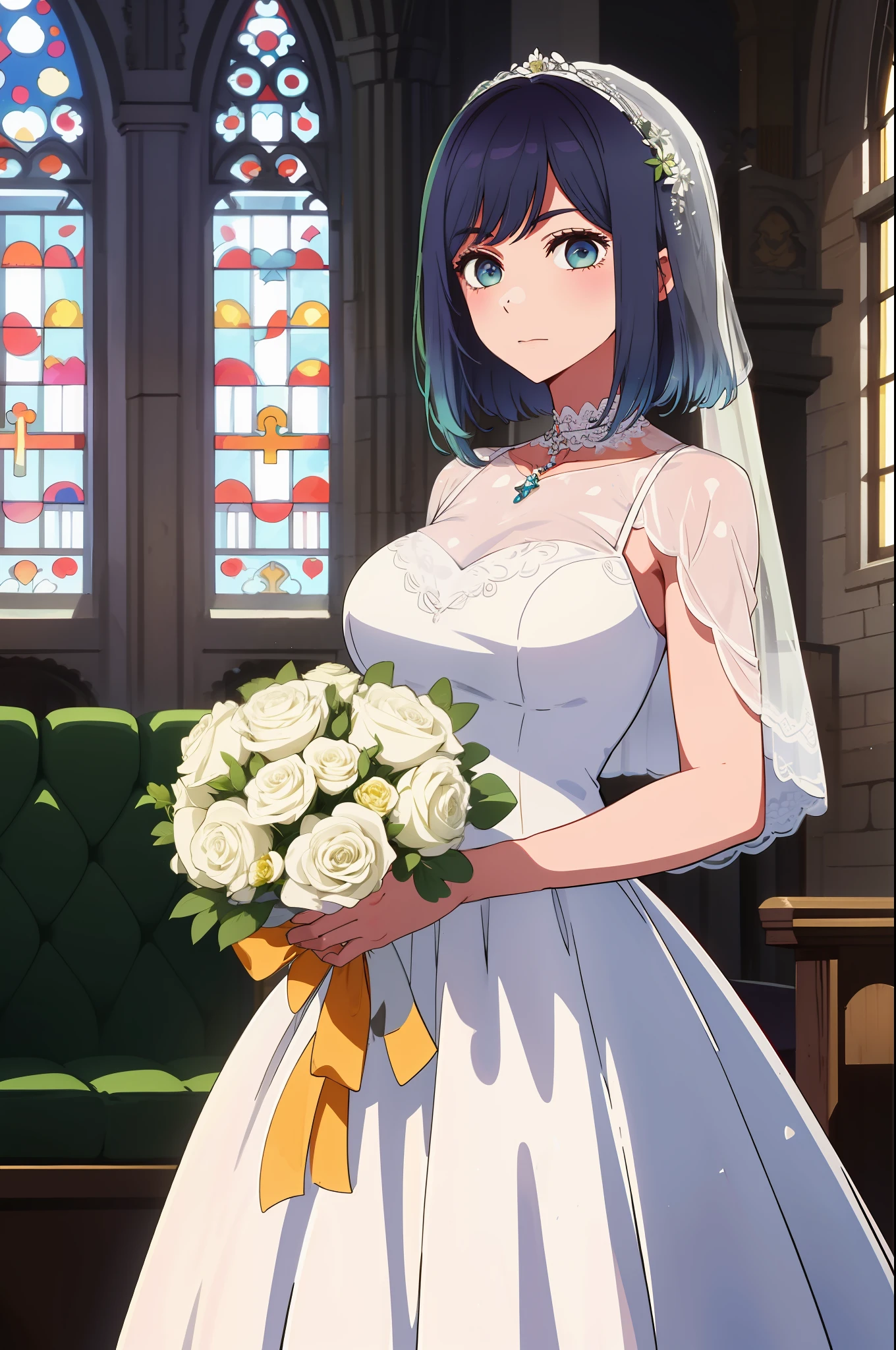 1girl, large breasts, wedding dress, church, looking at viewer, holding bouquet,