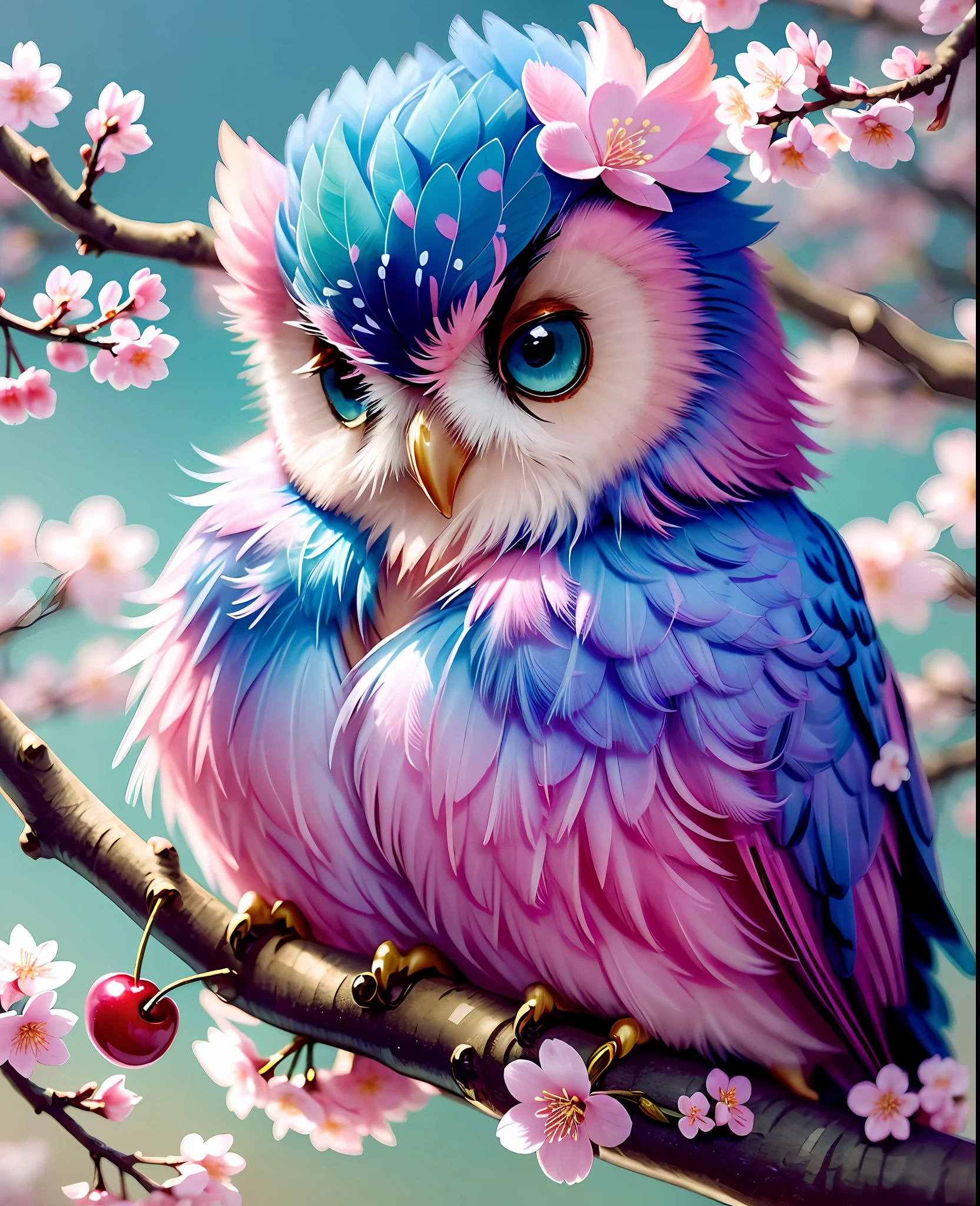 (cluster of cherry blossoms:1.2),[cute owl,fantasy:1.2],(pink feathers:1.1+blue feathers+green feathers),light blue eyes,perched on cherry blossom branch,scenic background,warm lighting,vibrant colors.