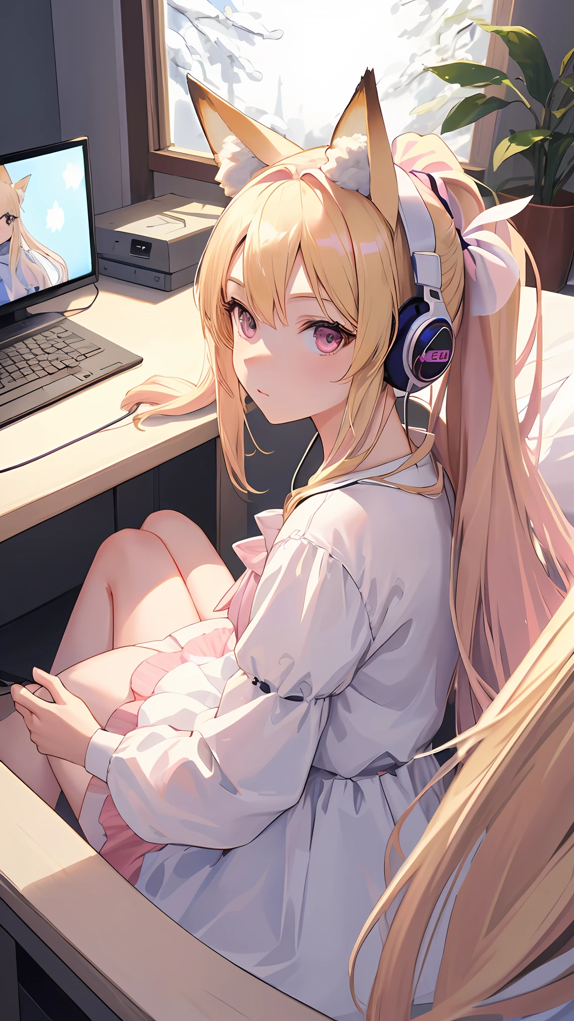 Masterpiece, best quality, high resolution, 1 girl, solo, , (realism:1.4), a loli, blonde hair, snow-white skin, premium lighting, fox ears, clear pink eyes, computer, playing games, bedroom with white dress, white silk, headphones and draped ponytail.