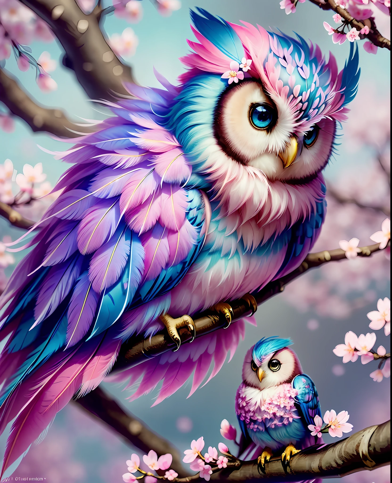 (cluster of cherry blossoms:1.2),[cute owl,fantasy:1.2],(pink feathers:1.1+blue feathers+green feathers),light blue eyes,perched on cherry blossom branch,scenic background,warm lighting,vibrant colors.