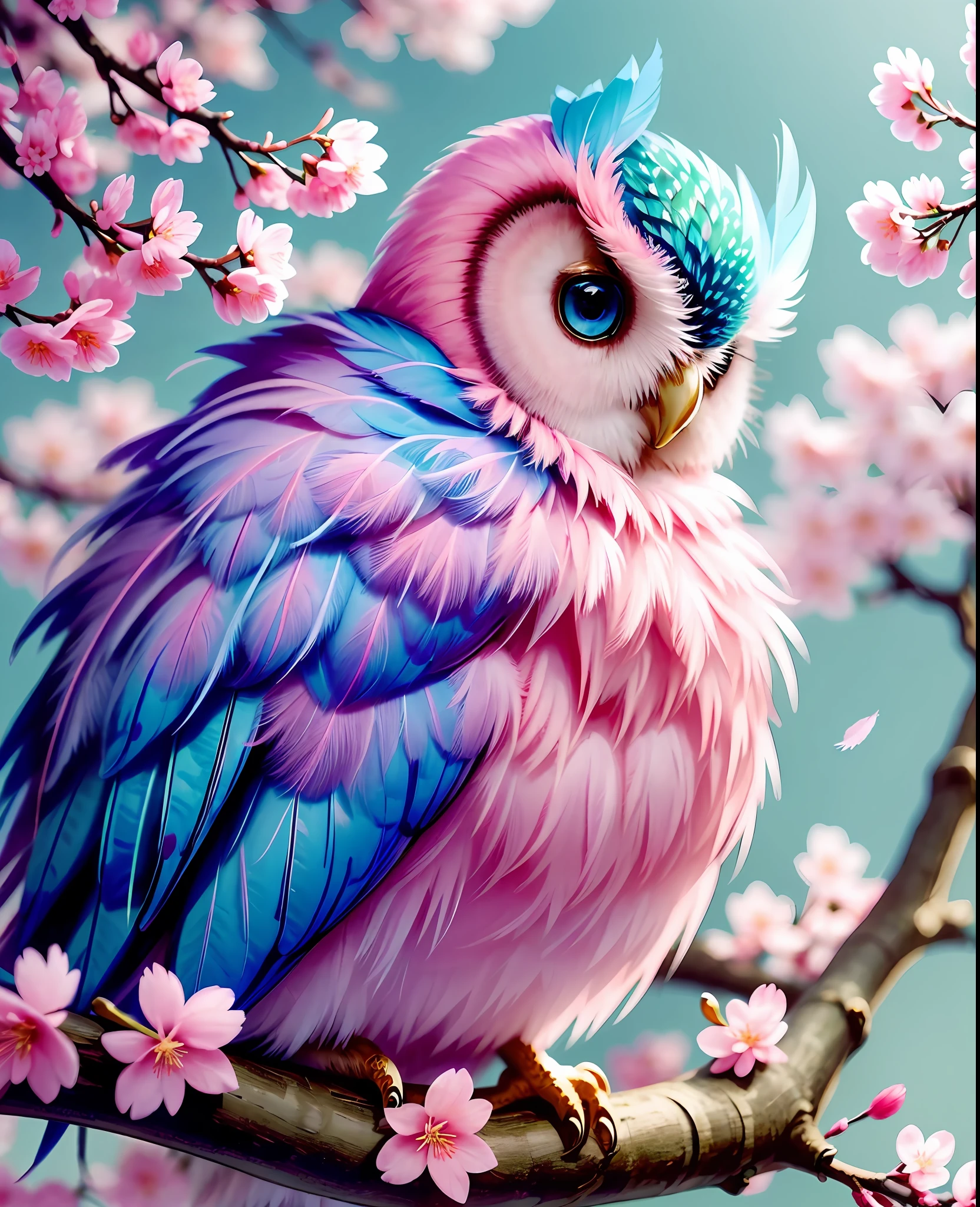 (cluster of cherry blossoms:1.2),[cute owl,fantasy:1.2],(pink feathers:1.1+blue feathers+green feathers),light blue eyes,perched on cherry blossom branch,scenic background,warm lighting,vibrant colors.