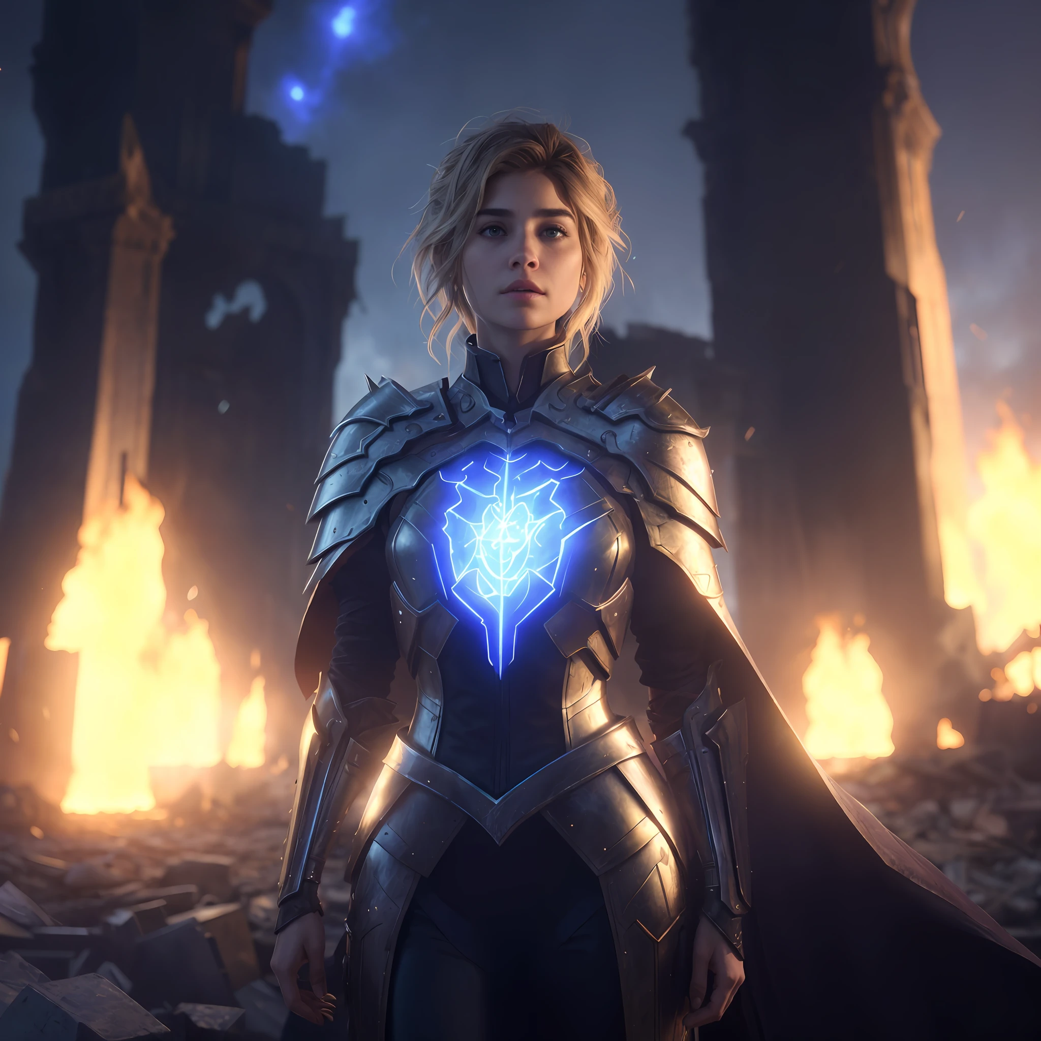 arafed woman in armor standing in front of a burning building, unreal engine render + a goddess, ps5 cinematic screen capture, beautiful and cinematic lighting, might cinematic lighting, imogen poots as a paladin, glowing lights in armor, gorgeous cinematic lighting, unreal engine 5 lighting, unreal engine 5 lumen, imogen poots as holy paladin