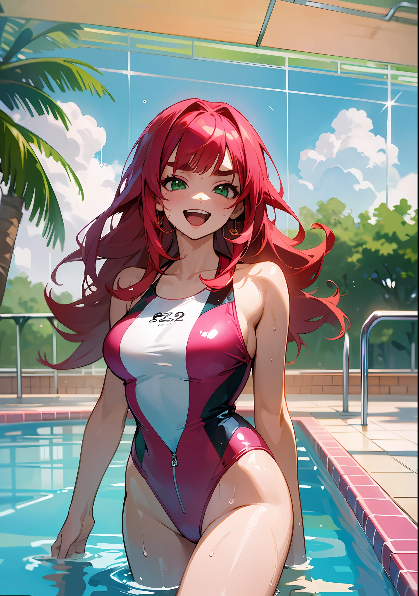 masterpiece, Best quality, Hi-Res ,, One Girl, Solo, Green Eyes, Long Hair, Red Hair,, Bangs, Eyebrows, Magenta Pink One Piece Swimsuit, Poolside, Open Mouth, Smile, Wet, --auto --s2