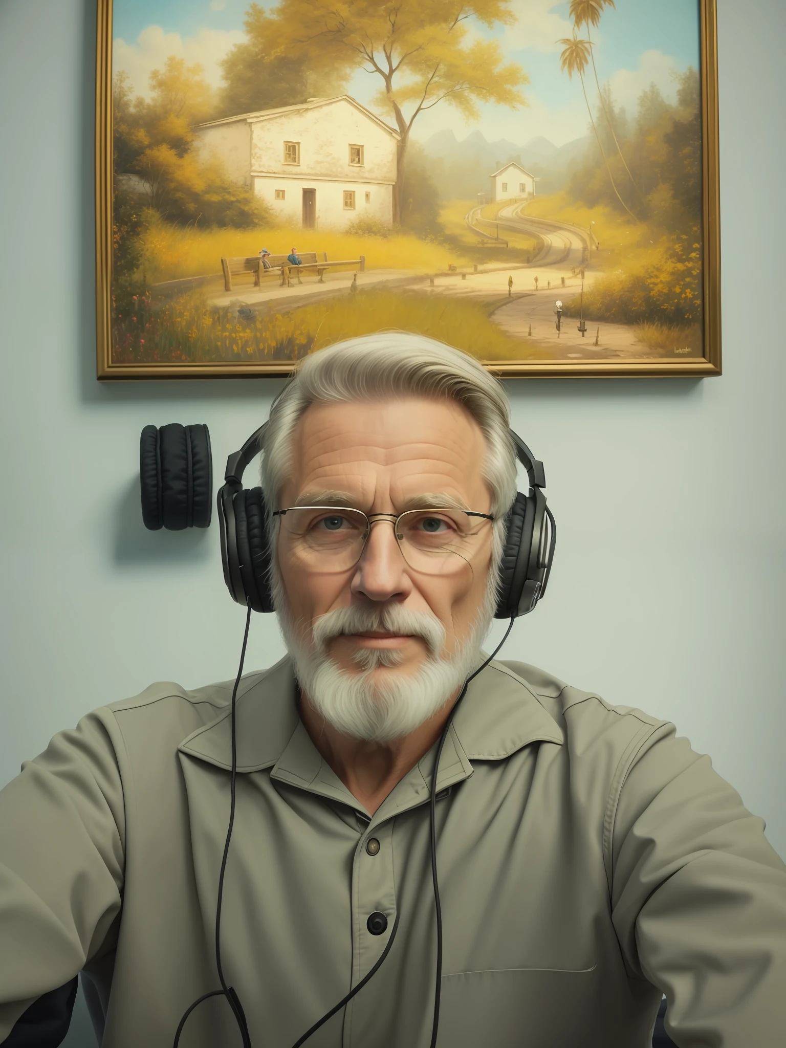 there is a man with headphones on sitting in front of a painting, with head phones, with headphones, twitch streamer / gamer ludwig, avatar image, wearing headset, michal, portrait of jerma985, he is about 6 0 years old, he is about 60 years old, wearing a headset, he has headphones, # 7 3 c 2 fb