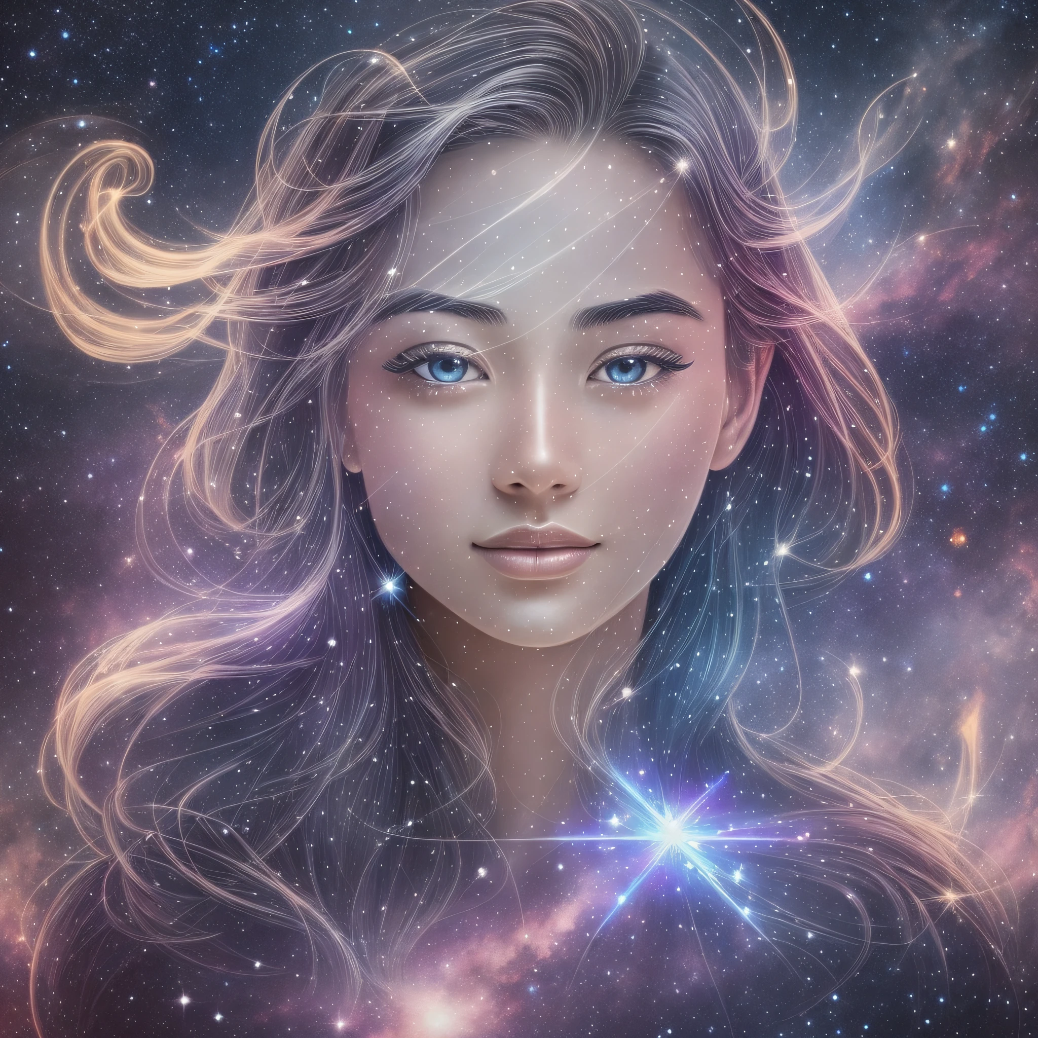 A cosmic double exposure image combining a starry sky with a portrait of a person, created using Pixar 3D, inspired by the work of artist Elsa Chang. The scene features a person standing in a field at night, gazing up at the stars above them, while their double exposure is a galaxy with colorful nebulas. The color temperature is cool with a blueish hue, and the atmosphere is dreamy and surreal. The person's expression is one of wonder and amazement. The lighting is soft, casting a gentle glow on the person and the surroundings. --v 5 --stylize 1000 --auto --s2