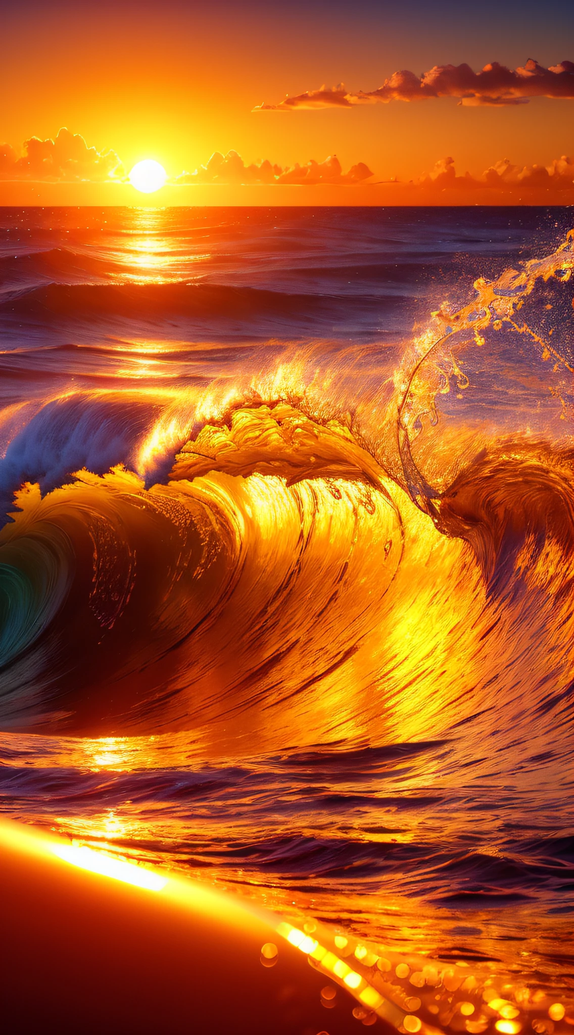 Masterpiece, best quality, (8k very detailed CG unit wallpaper) (best quality), (best illustration), (best shadows) a golden sea wave, bright orange aol sunset through the wave, golden droplets flying, (:4.6)