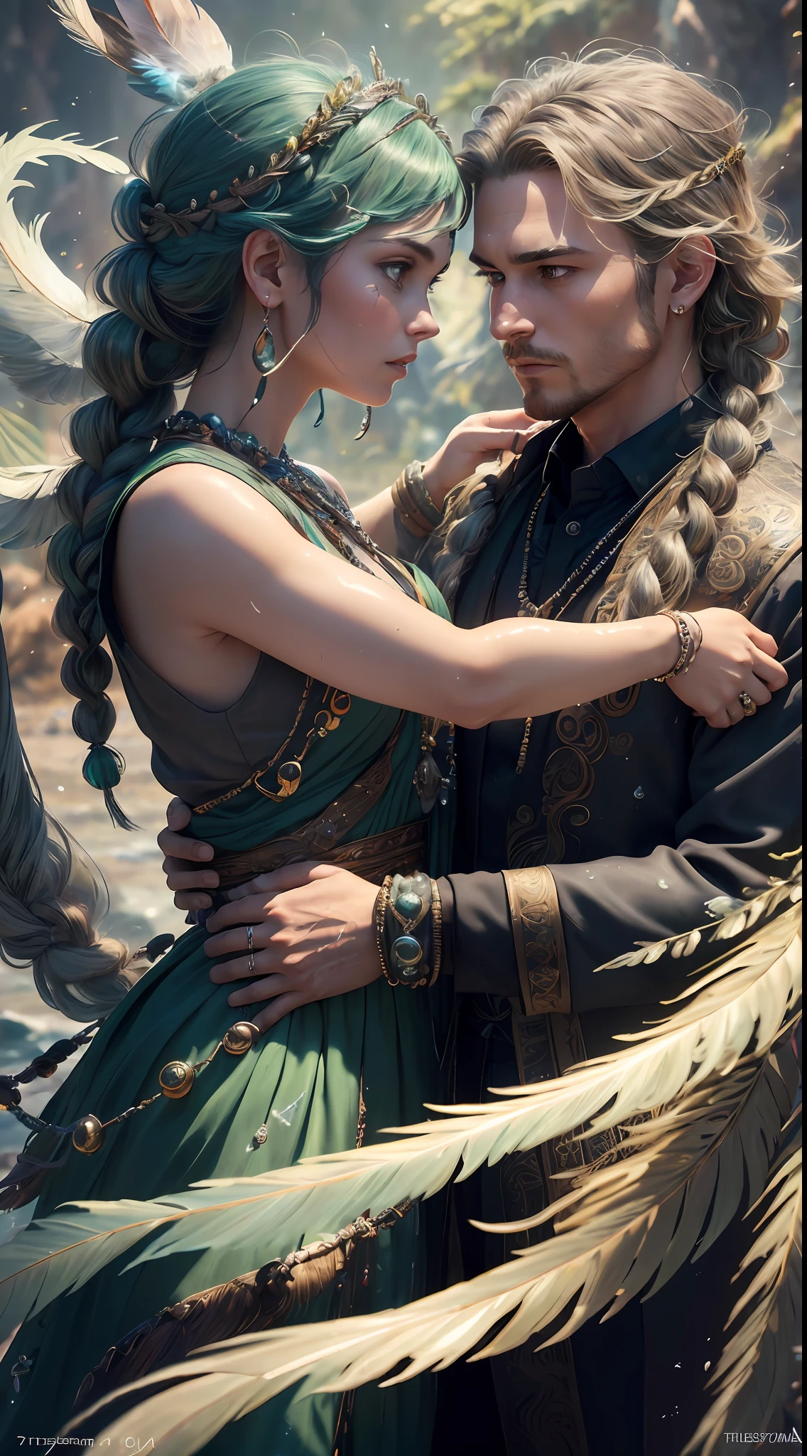 Couple (((male)), fashion shoot, (full portrait), (half), solo, detailed background, detailed face, (stonepunkAI, stone theme:1.1), wise, (beautiful hair, braid: 0.2), shaman, septum harsh, mysterious, (gorgeous face), stunning, head tilted up, (calm expression), calm, intimate interaction, sea bubble green worn clothes, rosary, Tribal ornaments, feathers in hair, headdress: 0.33, emerald, obsidian, detailed clothes, realistic skin texture, (floating particles, water swirls, embers, rituals, whirlwinds, wind: 1.2), clear focus, volumetric lighting, good highlights, good shadows, subsurface scattering, complex, highly detailed, ((film)), dramatic, (highest quality, award-winning, masterpiece: 1.5), (realism: 1.5),