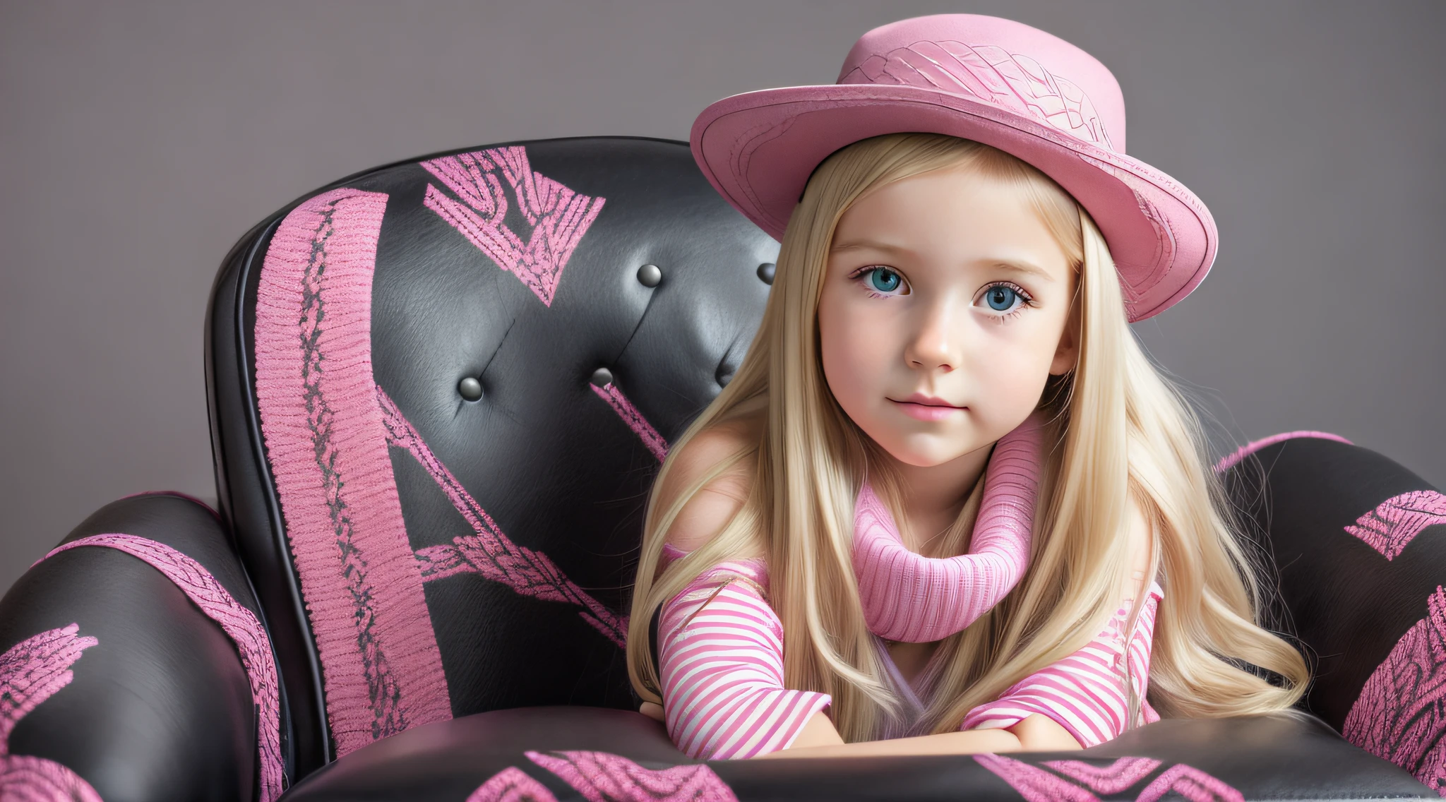 BLONDE CHILD girl,wearing a pink hat and scarf sitting on a black leather chair, photo from a promotional session, promotional photoshoot, young girl, beautiful young model, pink cowboy hat, young teenager, photo shoot, photoshoot, inspired by Toros Roslin, red dress and hat, modeling essay, young and beautiful girl, studio portrait photography,  photoshoot solo --auto --s2