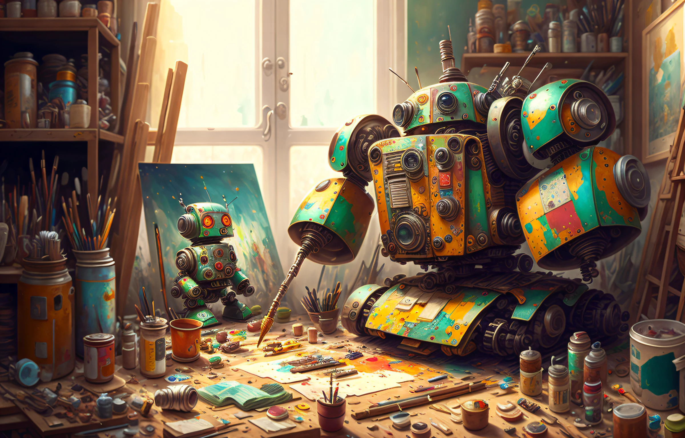 A messy, chaotic artist's workshop, inside is a cute robot painting a picture. The picture is of another robot