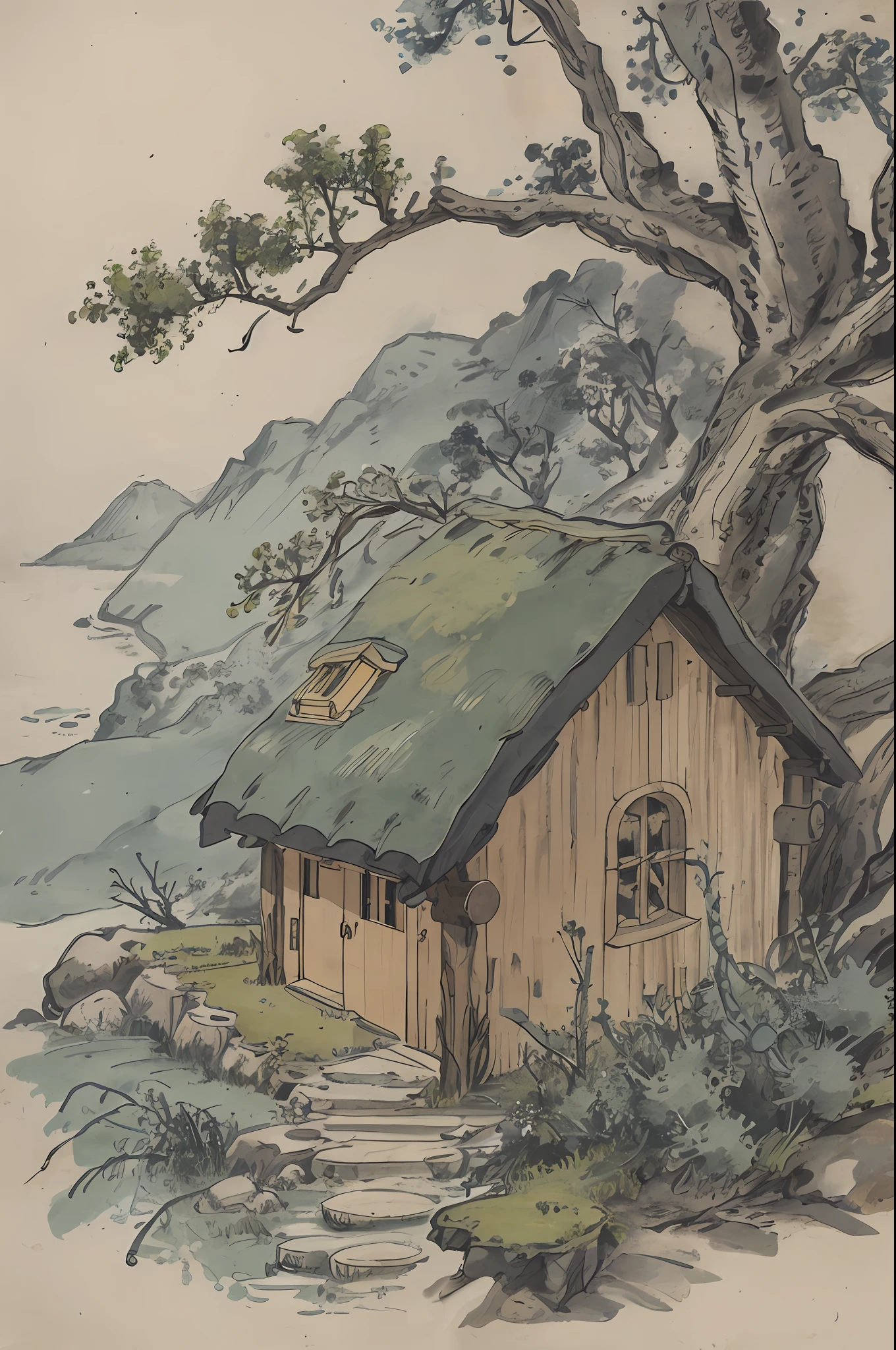 a round juniper berry house, modern cartoon hand drawn, mossy
