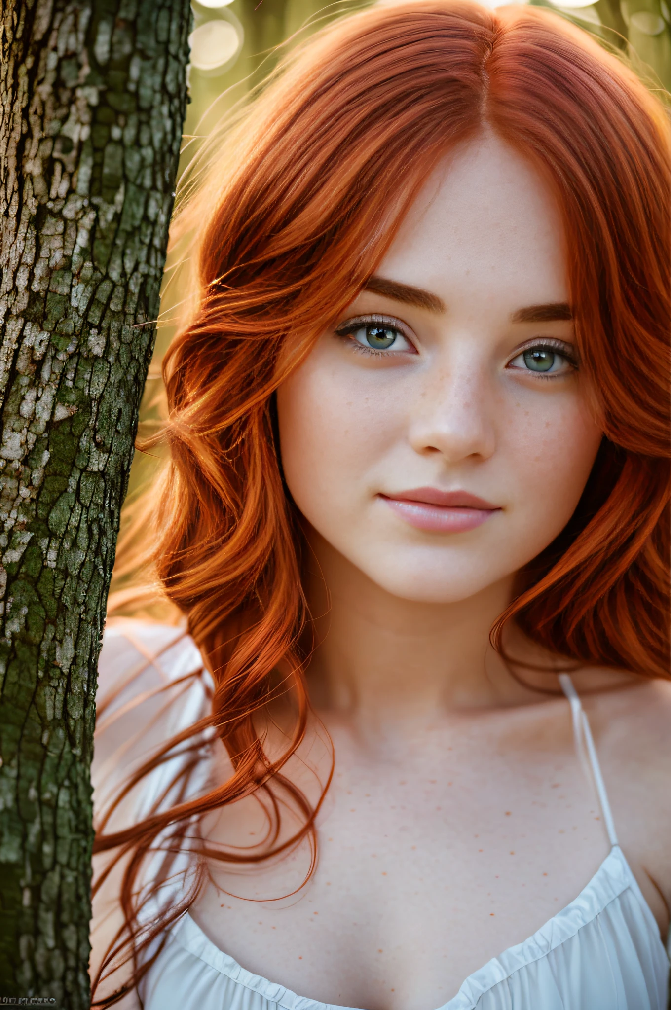 (8k, RAW photo, highest quality) a portrait of a 30-year-old redhead, framing from the navel, a few small freckles, dressed in a light and transparent nightie, peeled, leaning against a tree in the wilderness, goosebumps, cinematic, faded colors, dark shot, muted colors, grainy film, lut, crazy details, intricate details,  hyperdetailed, sunset, shyness, seduction, romanticism, looks at the viewer lovingly, f 11