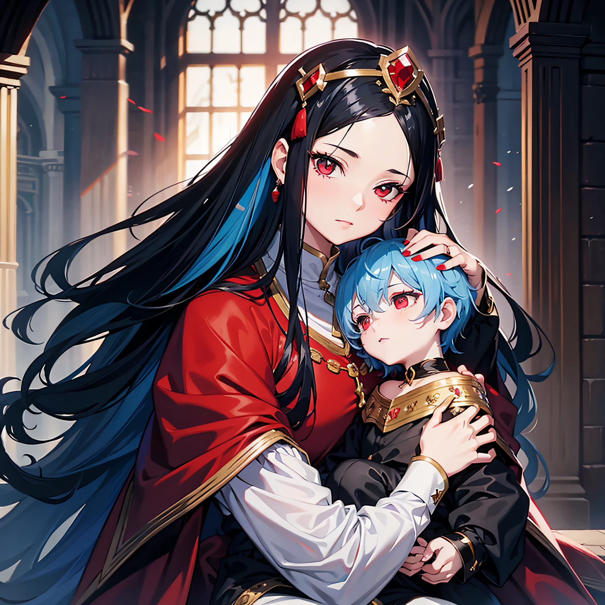 A woman with black hair and red eyes, ruby ornaments on her head, holding her  son in her lap, 1 boy, sky blue hair gray divine eyes, in medieval England