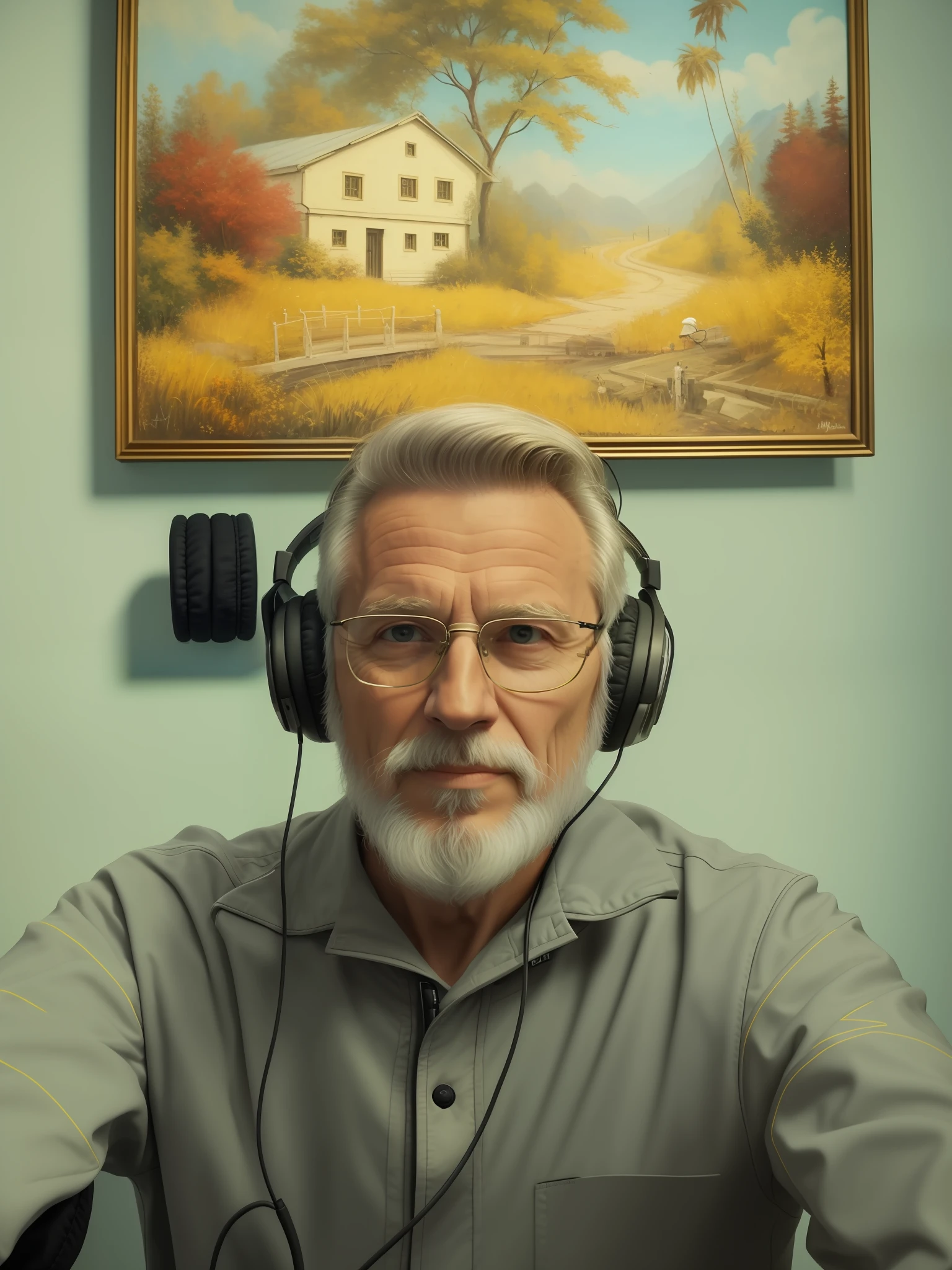 there is a man with headphones on sitting in front of a painting, with head phones, with headphones, twitch streamer / gamer ludwig, avatar image, wearing headset, michal, portrait of jerma985, he is about 6 0 years old, he is about 60 years old, wearing a headset, he has headphones, # 7 3 c 2 fb
