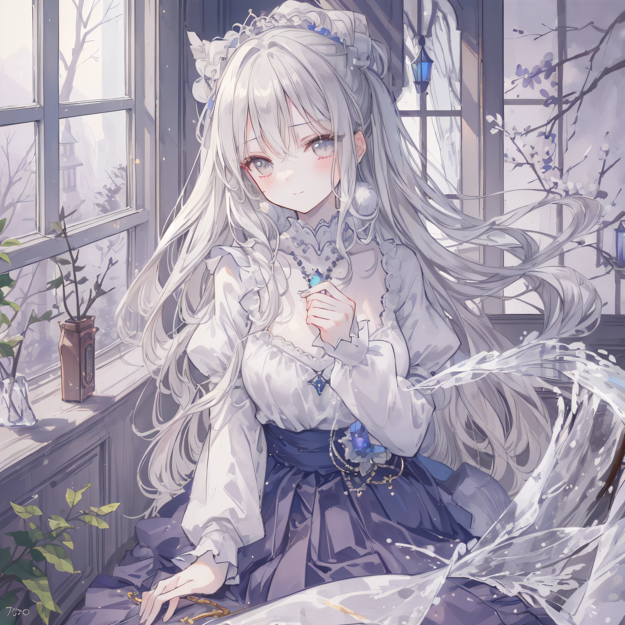 (Masterpiece), (Best Quality), (1 Girl)), Amazing, Beautiful Detail Eyes, Fine Details, Depth of Field, Original, ((Best Quality)), ((Super Detailed)), (Best Illustration), (Best Lighting, Best Shadow), (Very Delicate and Beautiful)), Very Detailed Wallpaper, Dream Background, From View, Landscape, Young Girl, Lori, Full Body, Long White Hair, (((Gray Eyes)), Beautiful Detail Eyes, Medium Breasts, (((Cobalt Long Skirt)), Fluffy Long Sleeves, Hair Accessories, necklace, winter, light, light makeup, interior, blush, looking out the window, wind blowing, floating, sitting at table, glass window, mirror, smirk