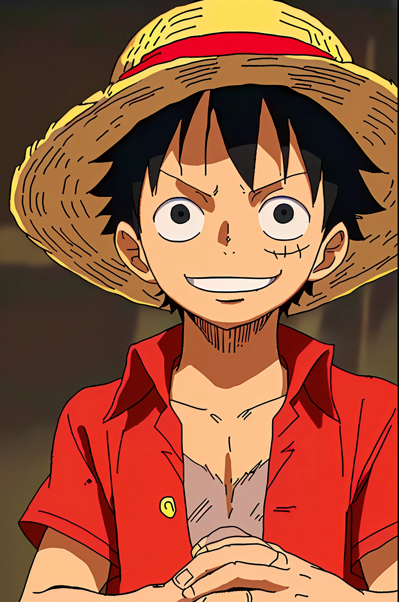 1boy, wanostyle, monkey d luffy, smiling, straw hat, looking at viewer, solo, upper body, ((masterpiece)), (best quality), (extremely detailed), depth of field, sketch, dark intense shadows, sharp focus, soft lighting, hdr, colorful, good composition, fire all around, spectacular, closed shirt, anime screencap, scar under eye, ready to fight, black eyes