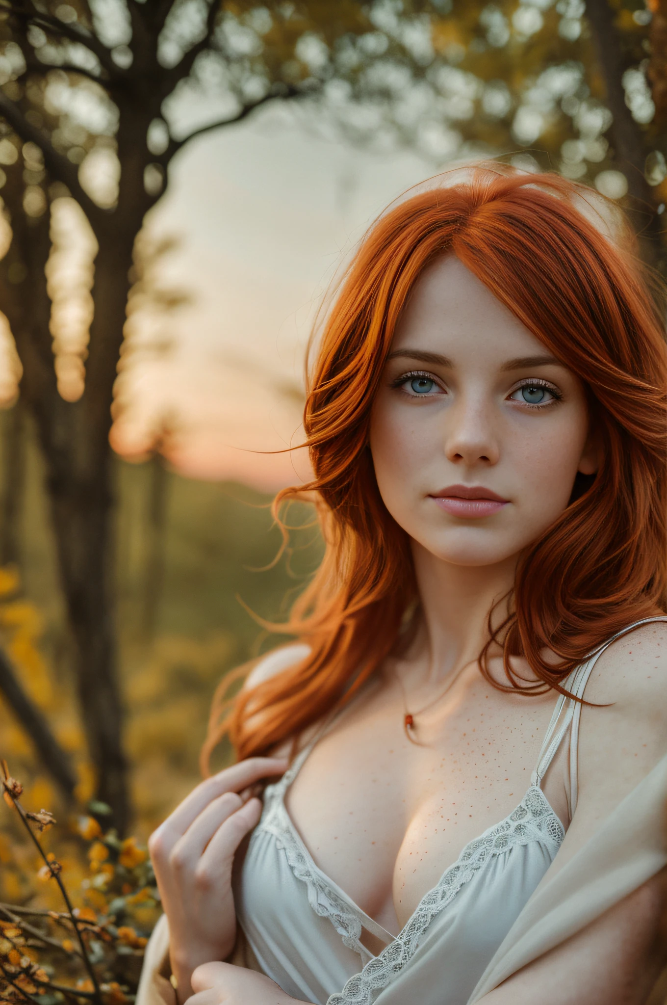(8k, RAW photo, highest quality) a portrait of a 30-year-old redhead, framing from the navel, a few small freckles, dressed in a tattered nightie, peeled off, leaning against a tree in the wilderness, goosebumps, cinematic, faded colors, dark shot, muted colors, grainy film, lut, crazy details, intricate details, hyperdetailed, sunset, shyness, seduction, romanticism, looks at the viewer lovingly, f 11
