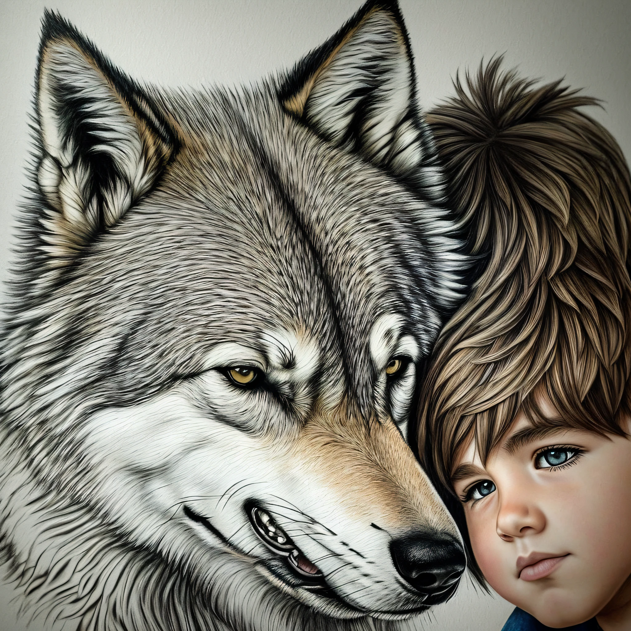 A boy and a wolf, realistic drawing, masterpiece, well detailed --auto --s2