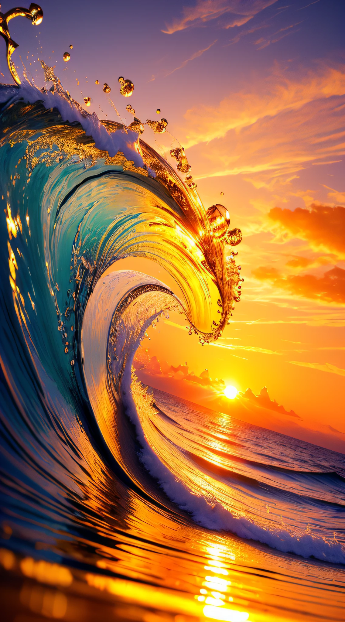 Masterpiece, best quality, (8k very detailed CG unit wallpaper) (best quality), (best illustration), (best shadows) a golden sea wave, bright orange aol sunset through the wave, golden droplets flying, (:3.6)