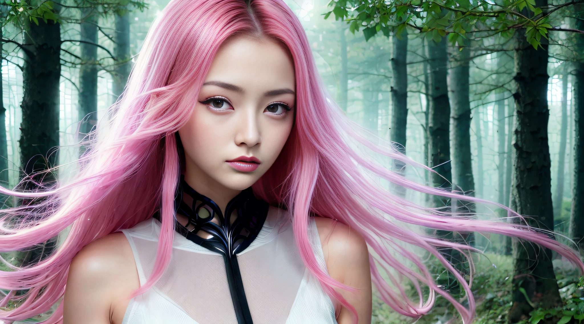 beautiful portrait painting of an anime girl, cute, pink hair, symmetrical face, symmetrical eyes, two identical symmetrical eyes, portrait, beautiful girl, artstation, trending on artstation, gorgeous, smooth skin, cutie, long hair, fantasy style, pastel colors , forest background, FHD, --version 3 --ar 2:3 --uplight --stylize 1250