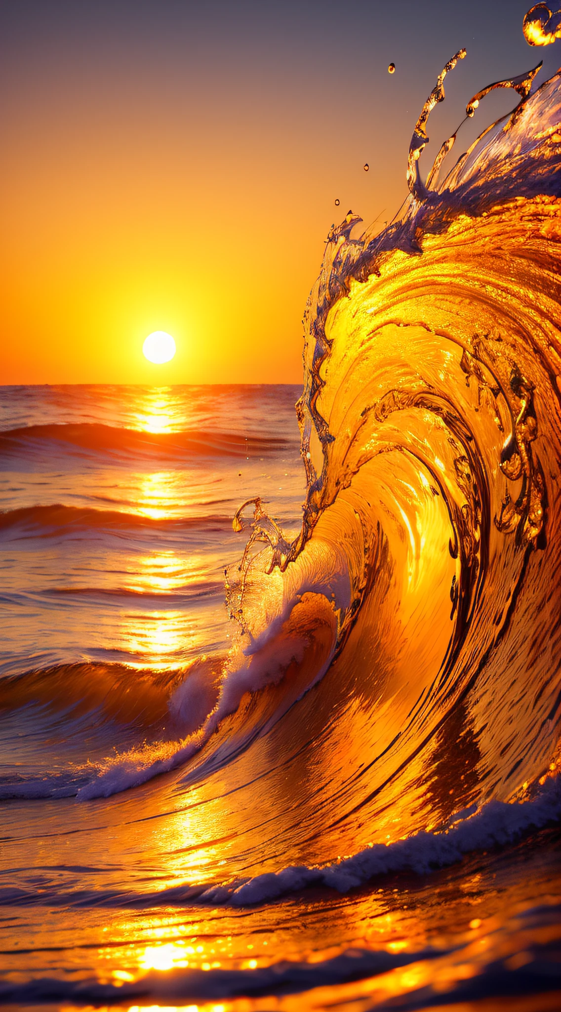 Masterpiece, best quality, (8k very detailed CG unit wallpaper) (best quality), (best illustration), (best shadows) a golden sea wave, bright orange aol sunset through the wave, golden droplets flying, (:3.6)