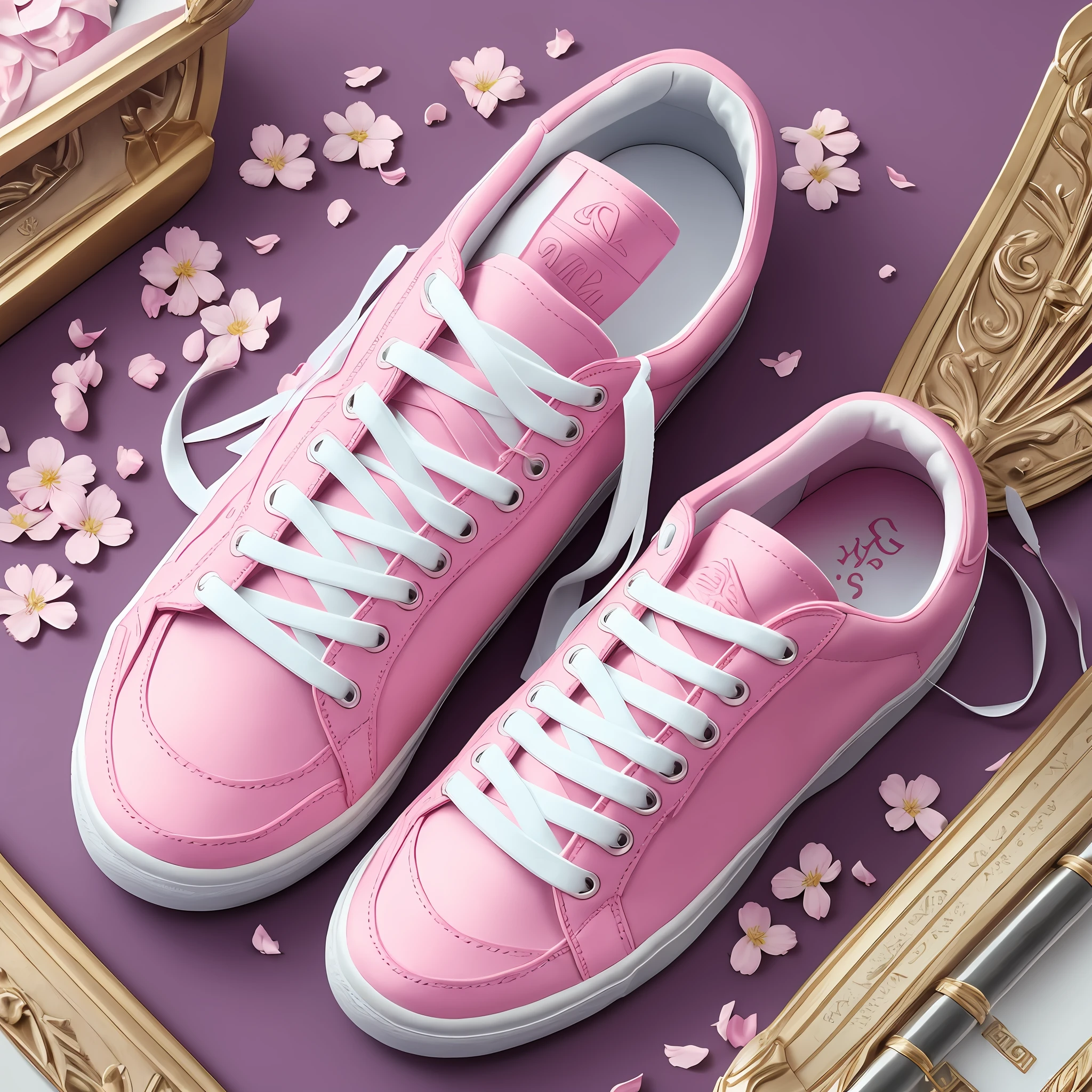 make a divine sneaker inspired by the Greek goddess aphodite, the sneaker has to look gentle and delicate, it has to be pink and white and have flowers. on a greek background --auto --s2